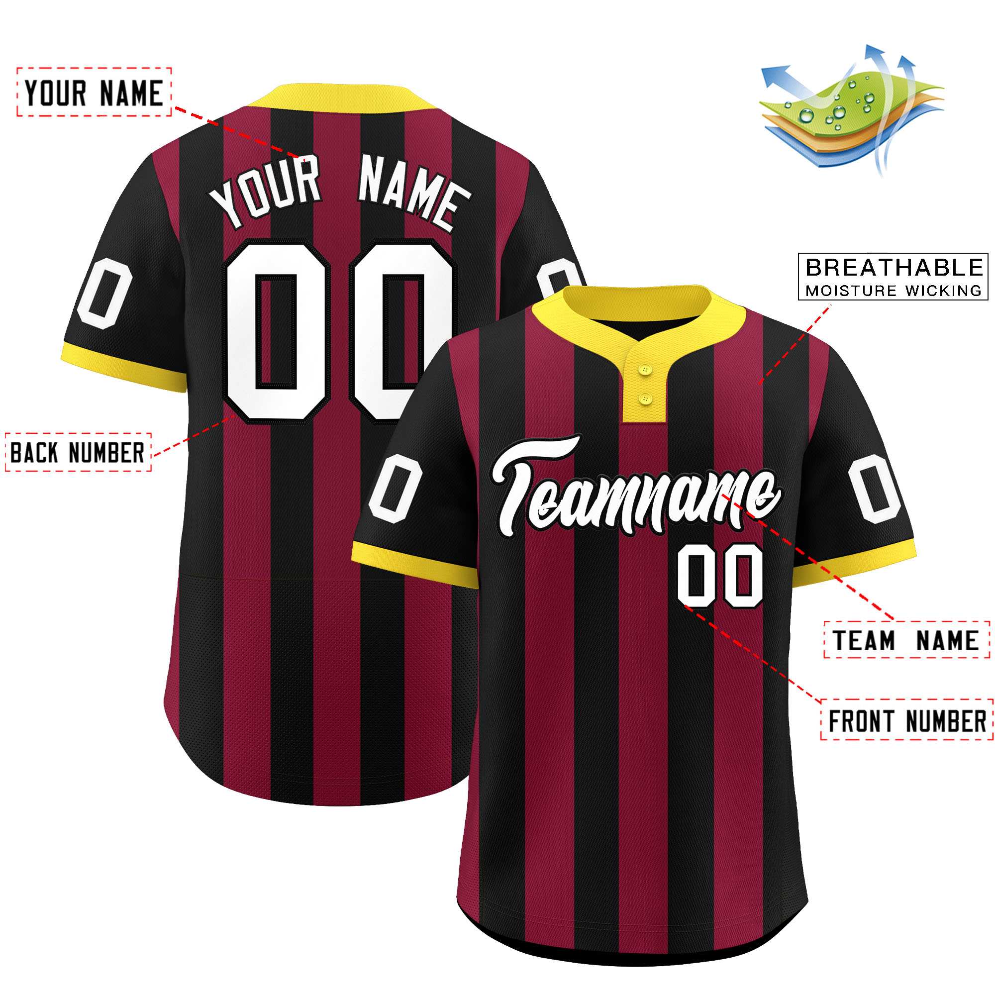 Custom Black Crimson Stripe Fashion Authentic Two-Button Baseball Jersey| KXKSHOP
