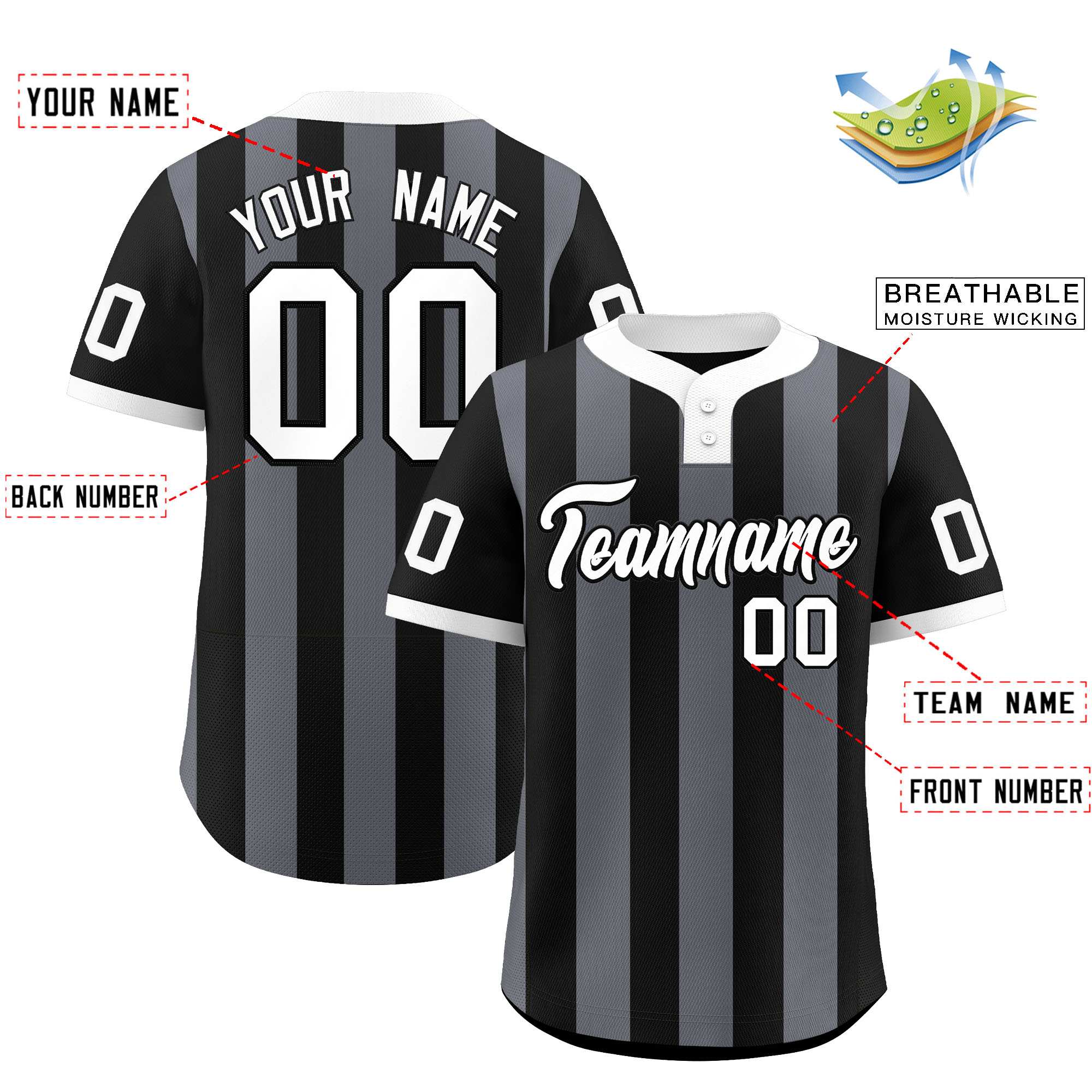 Custom Black Dark Gray Stripe Fashion Authentic Two-Button Softball Jersey