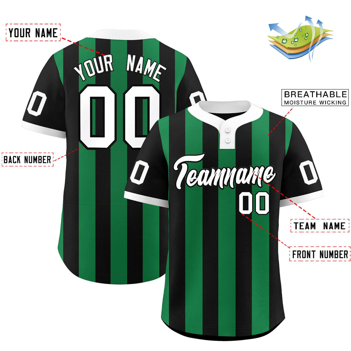 Custom Black Kelly Green Stripe Fashion Authentic Two-Button Softball Jersey