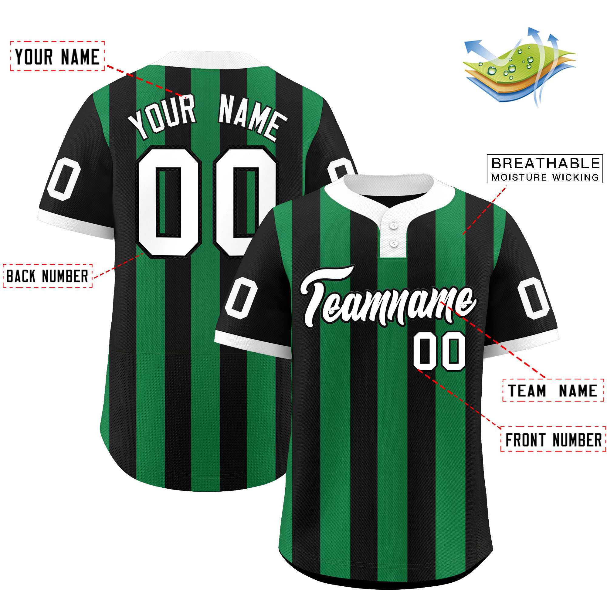 Custom Black Kelly Green Stripe Fashion Authentic Two-Button Softball Jersey
