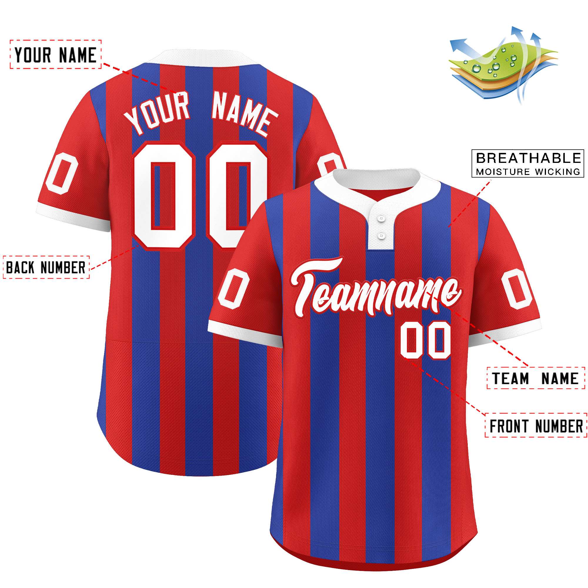 Custom Red Royal Stripe Fashion Authentic Two-Button Baseball Jersey| KXKSHOP