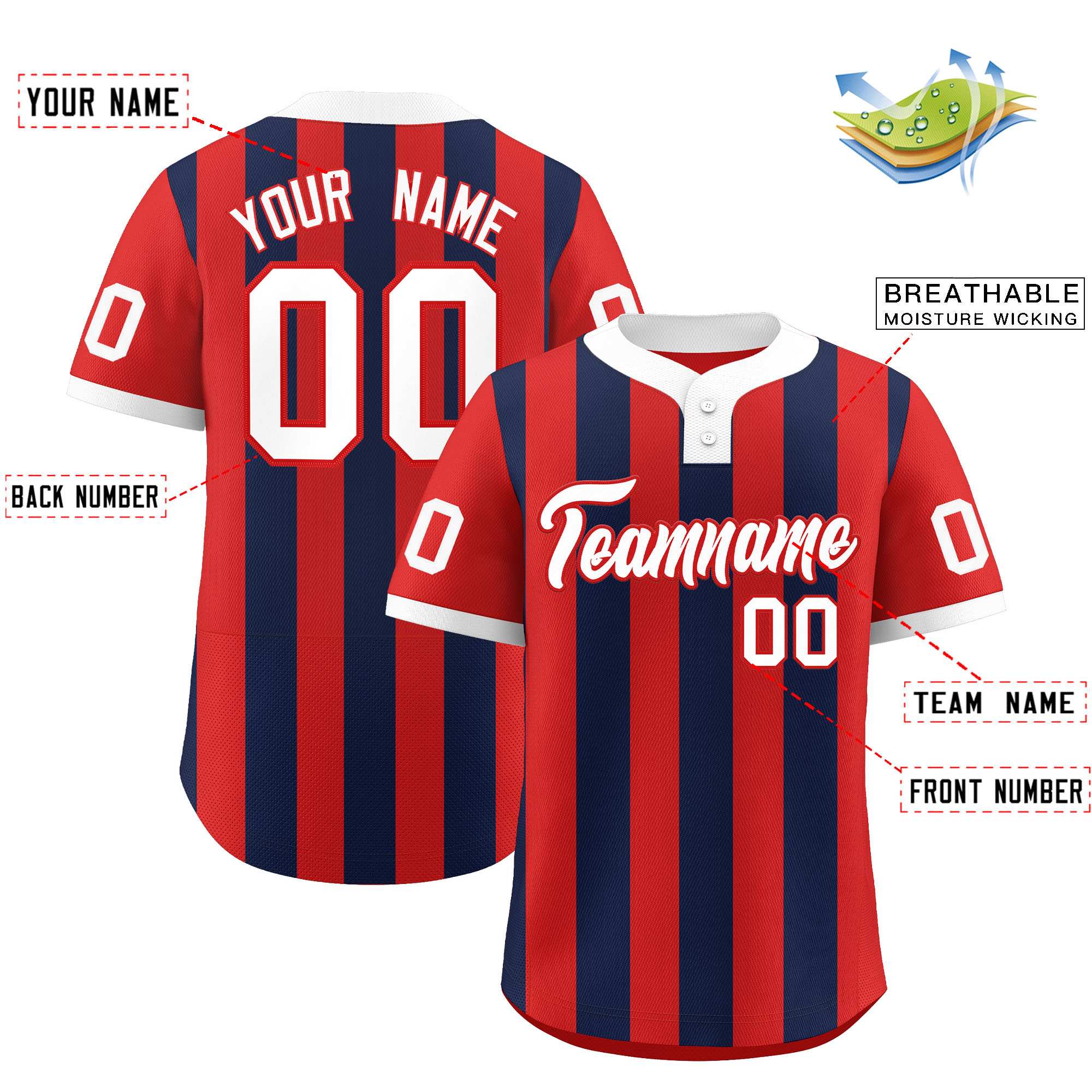 Custom Red Navy Stripe Fashion Authentic Two-Button Baseball Jersey| KXKSHOP