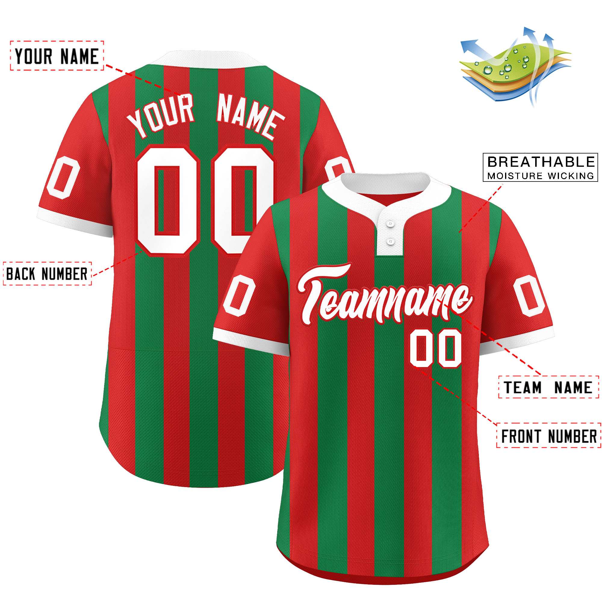 Custom Red Kelly Green Stripe Fashion Authentic Two-Button Baseball Jersey| KXKSHOP