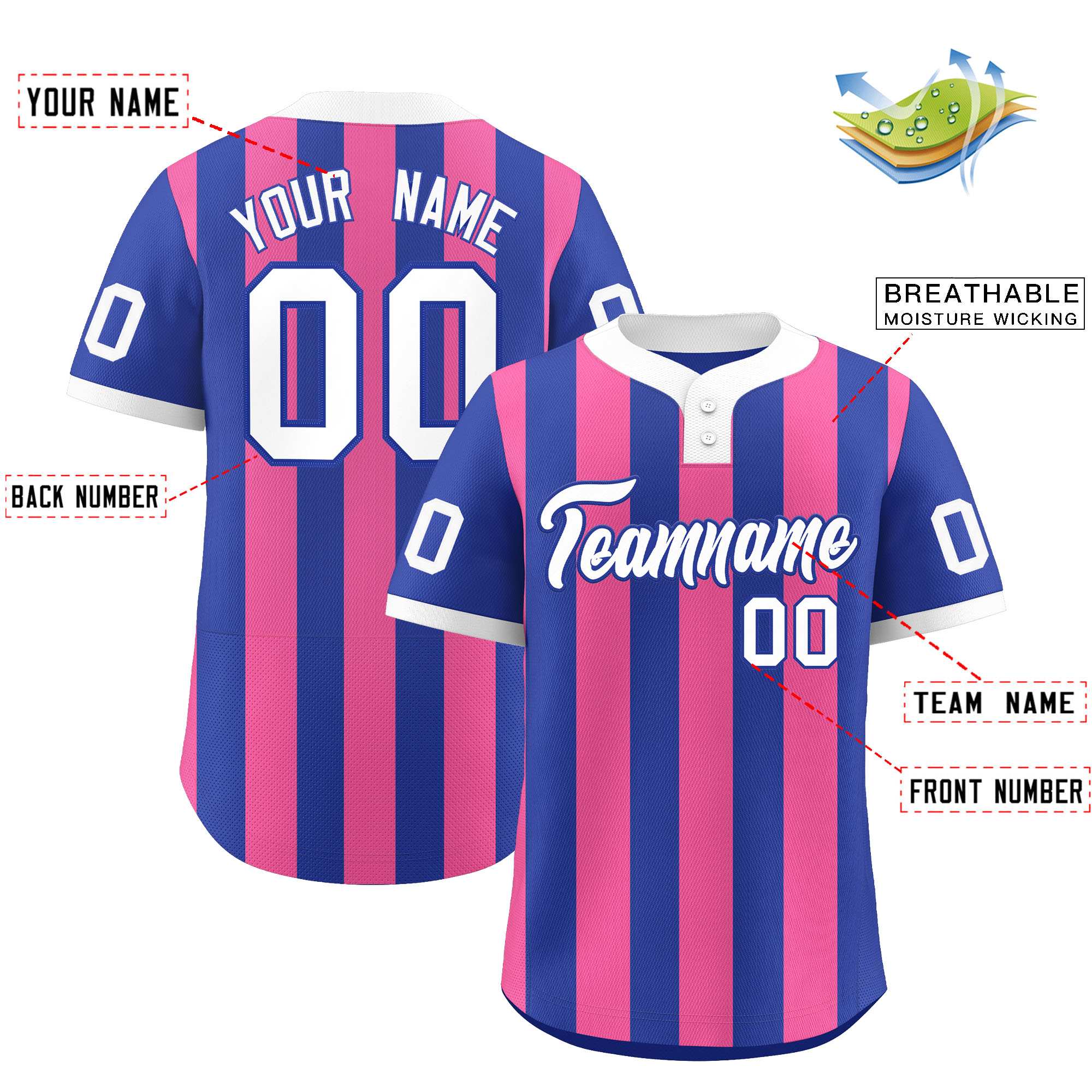 Custom Royal Pink Stripe Fashion Authentic Two-Button Baseball Jersey| KXKSHOP