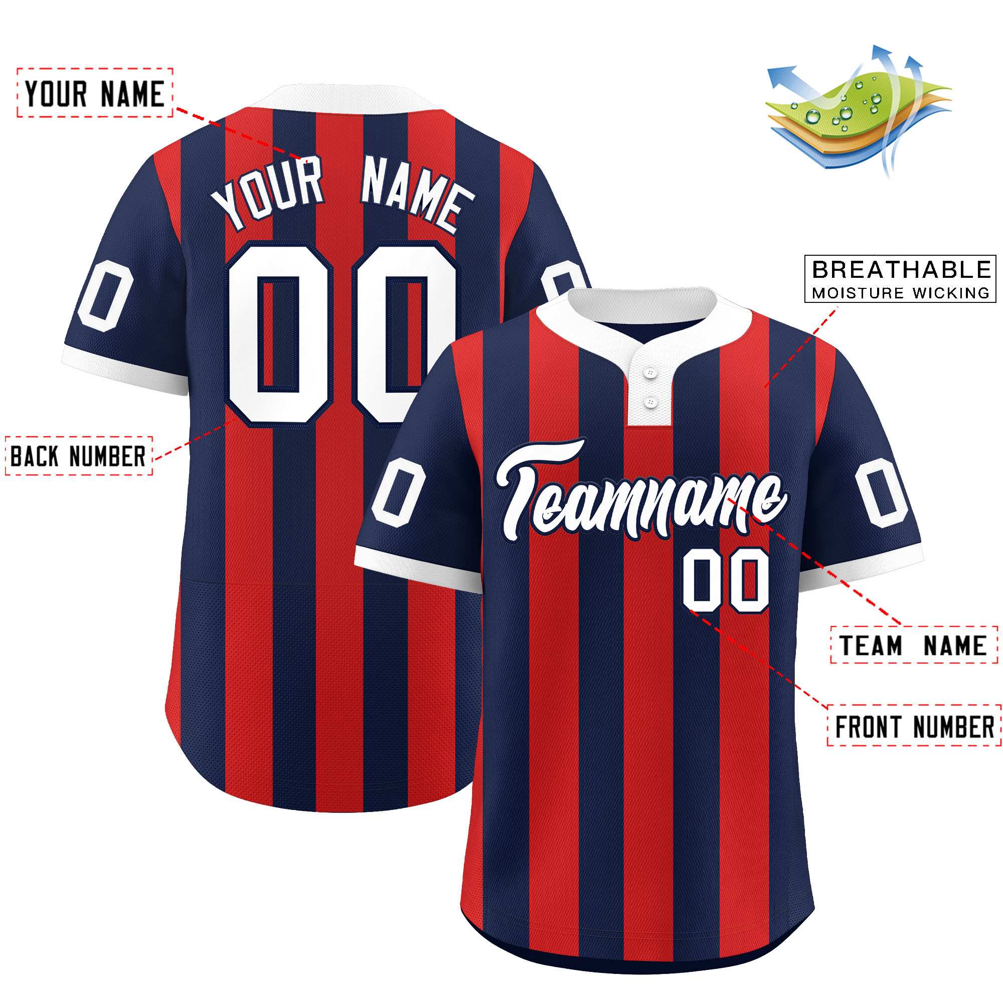 Custom Navy Red Stripe Fashion Authentic Two-Button Baseball Jersey| KXKSHOP
