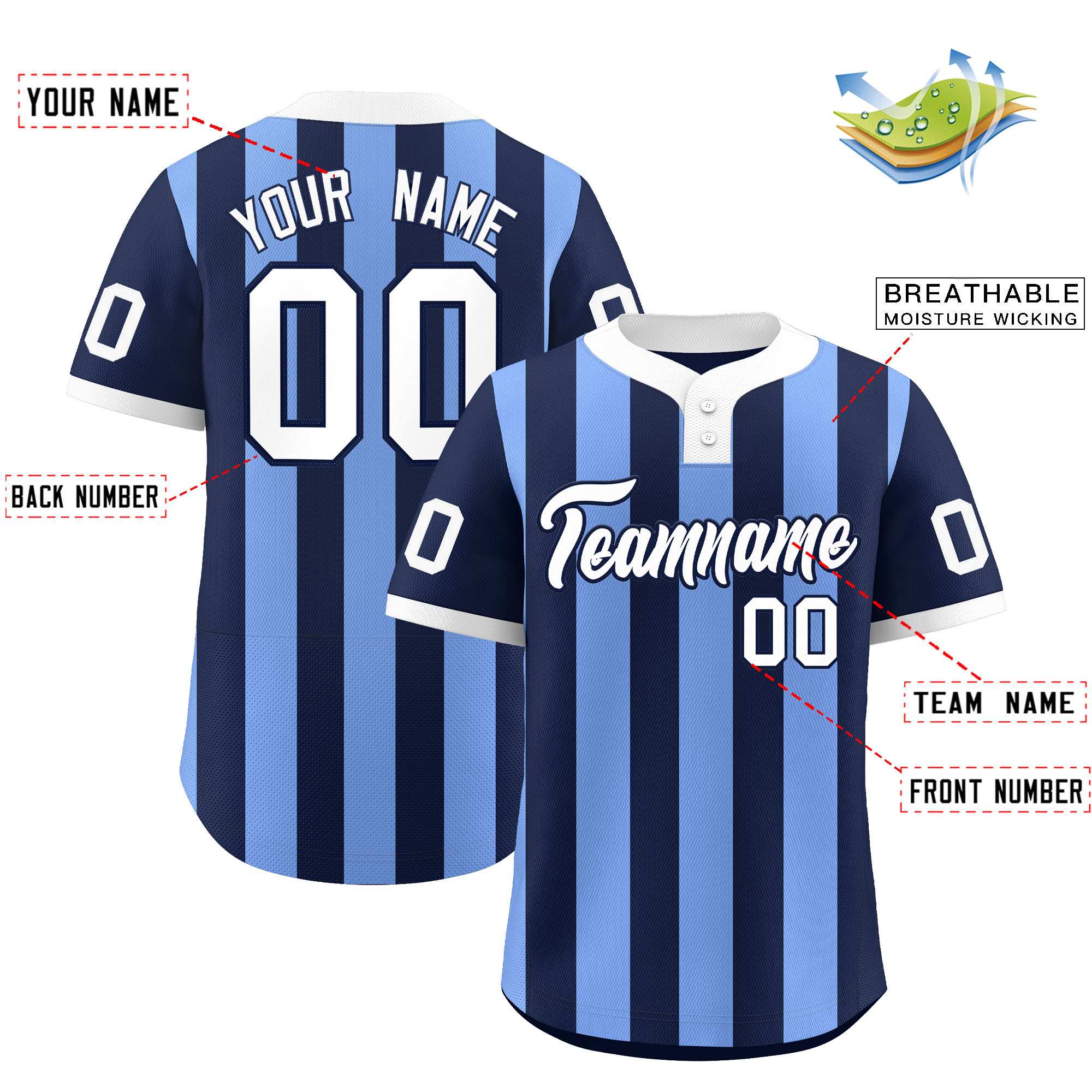Custom Navy Light Blue Stripe Fashion Authentic Two-Button Baseball Jersey| KXKSHOP