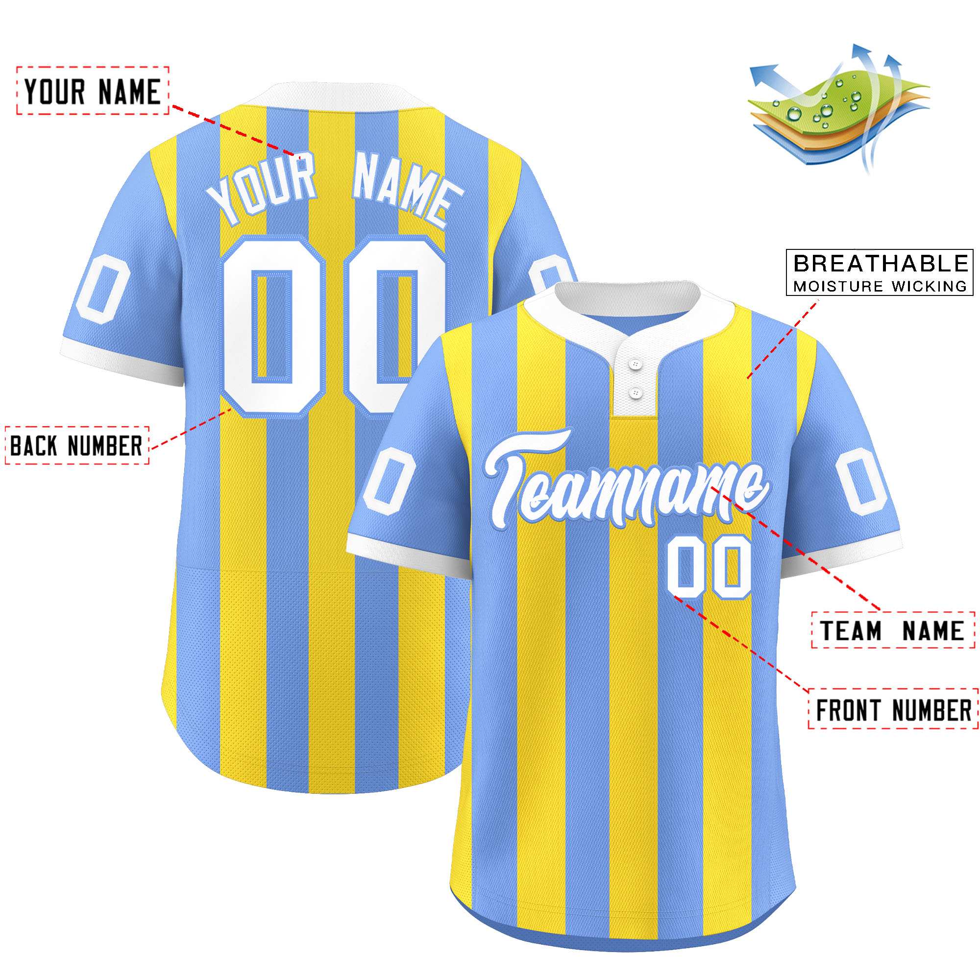 Custom Light Blue Gold Stripe Fashion Authentic Two-Button Baseball Jersey| KXKSHOP