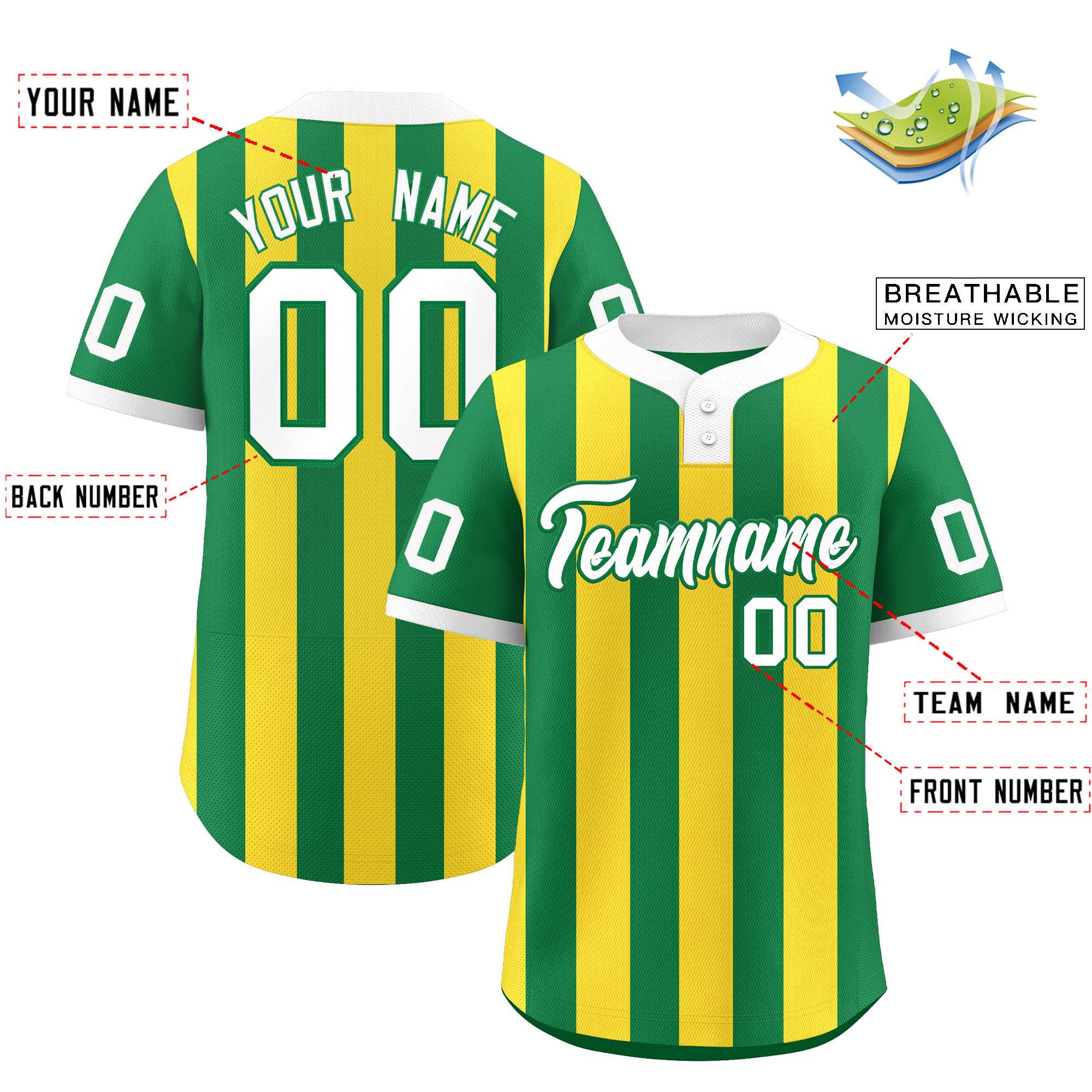 Custom Kelly Green Gold Stripe Fashion Authentic Two-Button Baseball Jersey| KXKSHOP