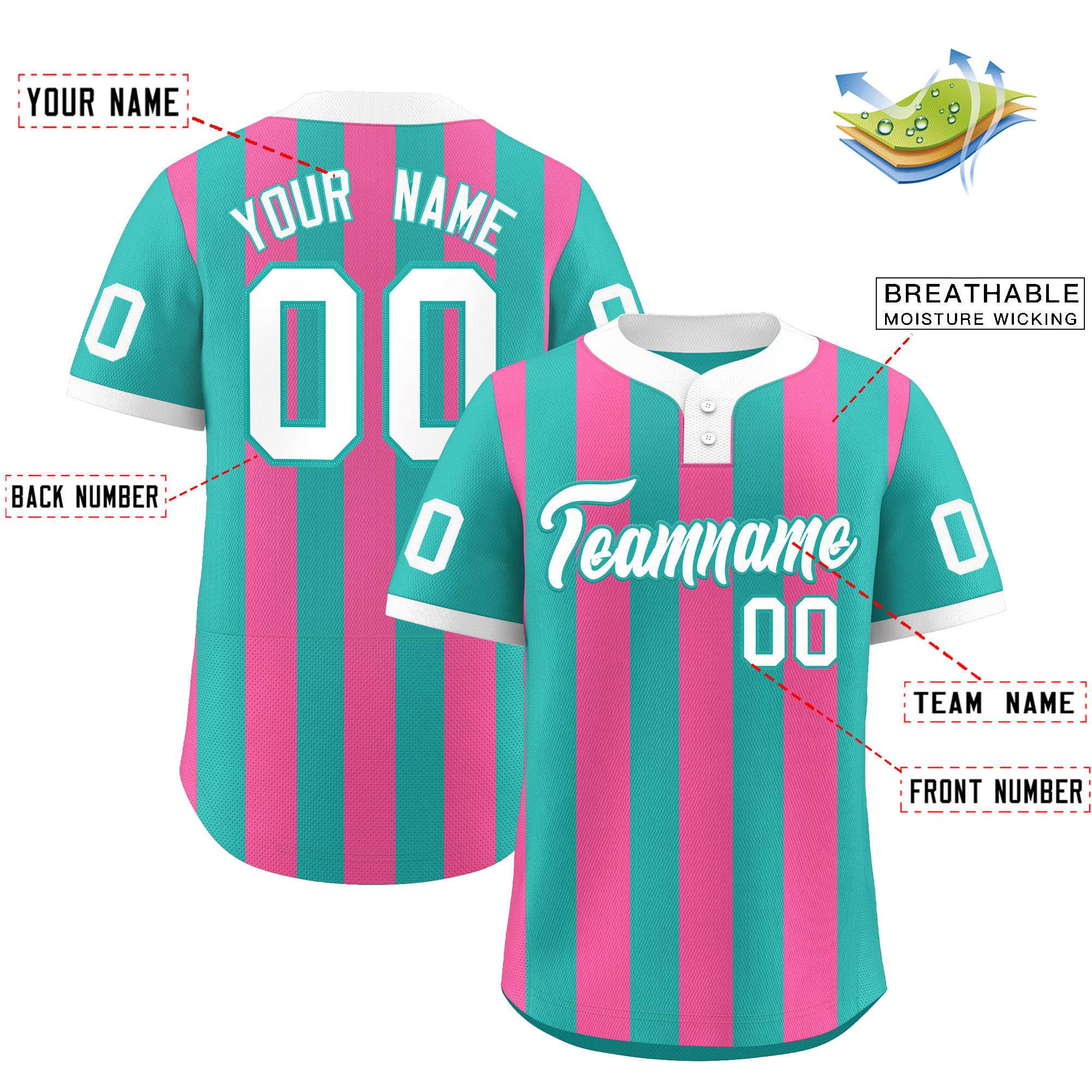 Custom Aqua Pink Stripe Fashion Authentic Two-Button Baseball Jersey| KXKSHOP