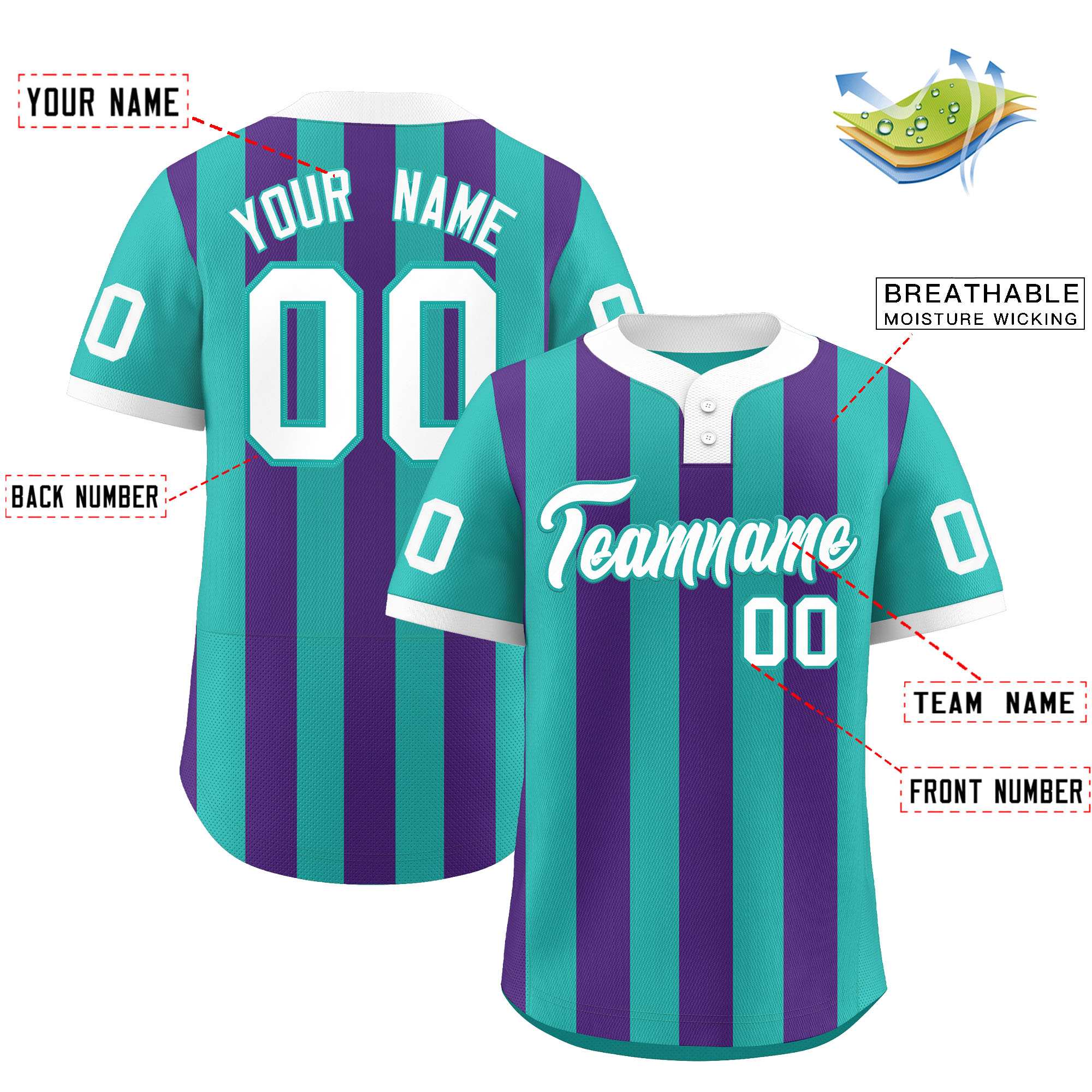 Custom Aqua Purple Stripe Fashion Authentic Two-Button Baseball Jersey| KXKSHOP