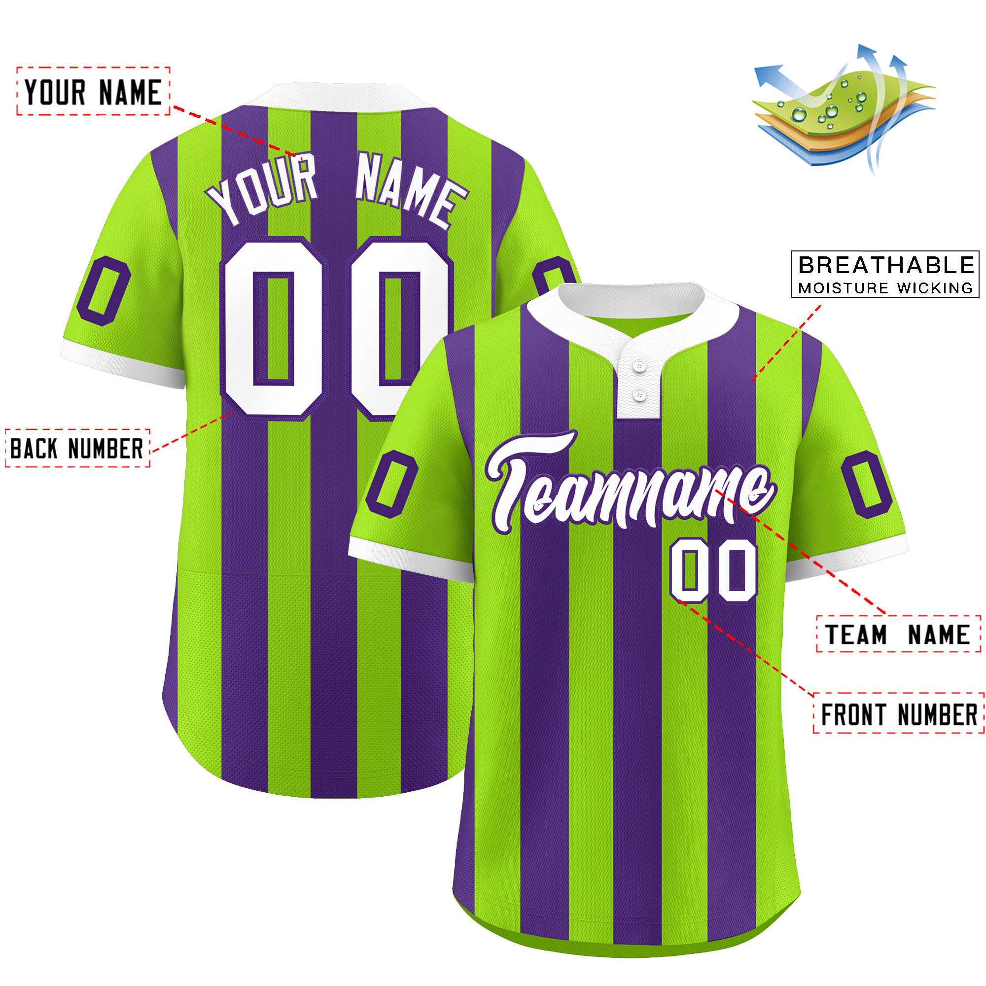 Custom Neon Green Purple Stripe Fashion Authentic Two-Button Softball Jersey