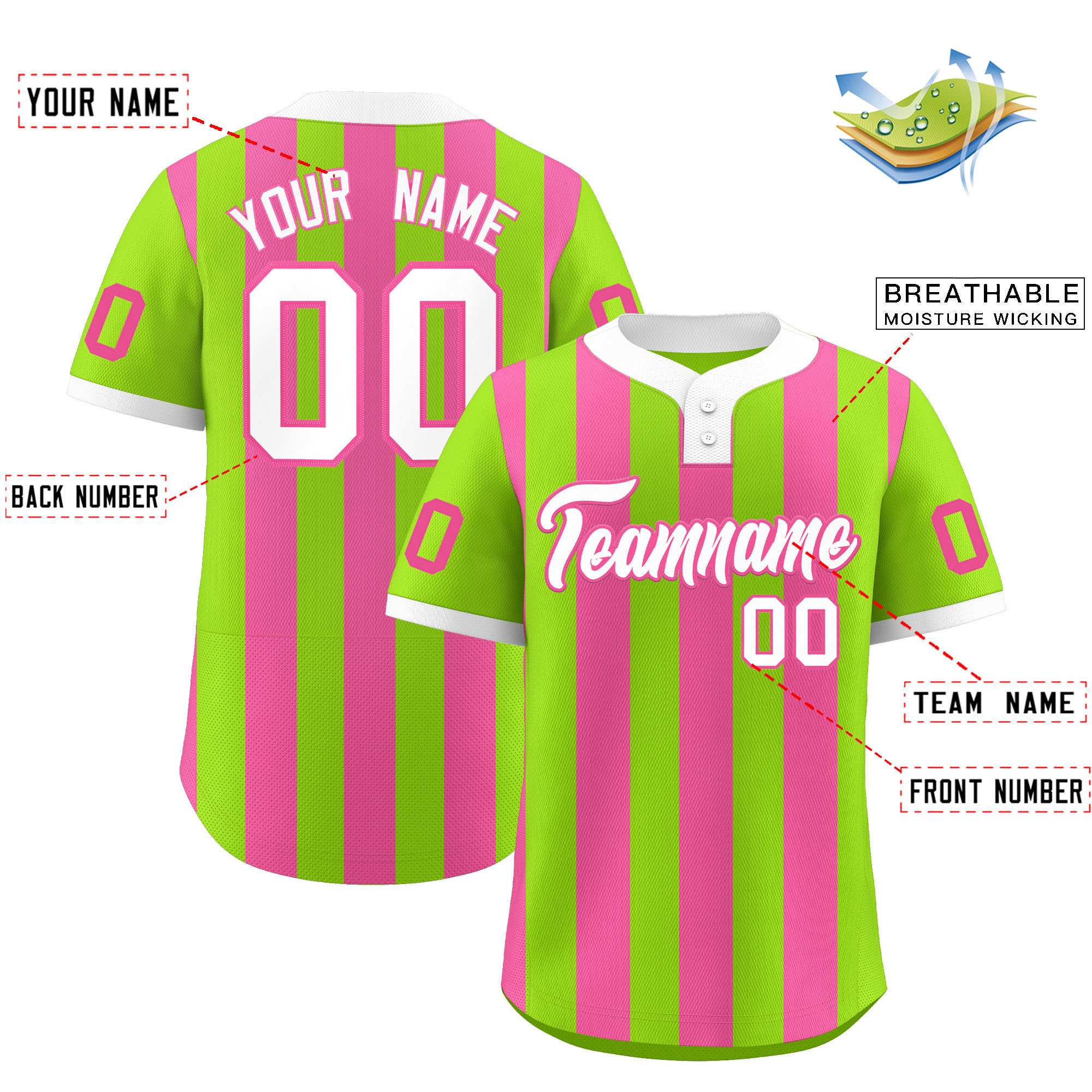 Custom Neon Green Pink Stripe Fashion Authentic Two-Button Softball Jersey
