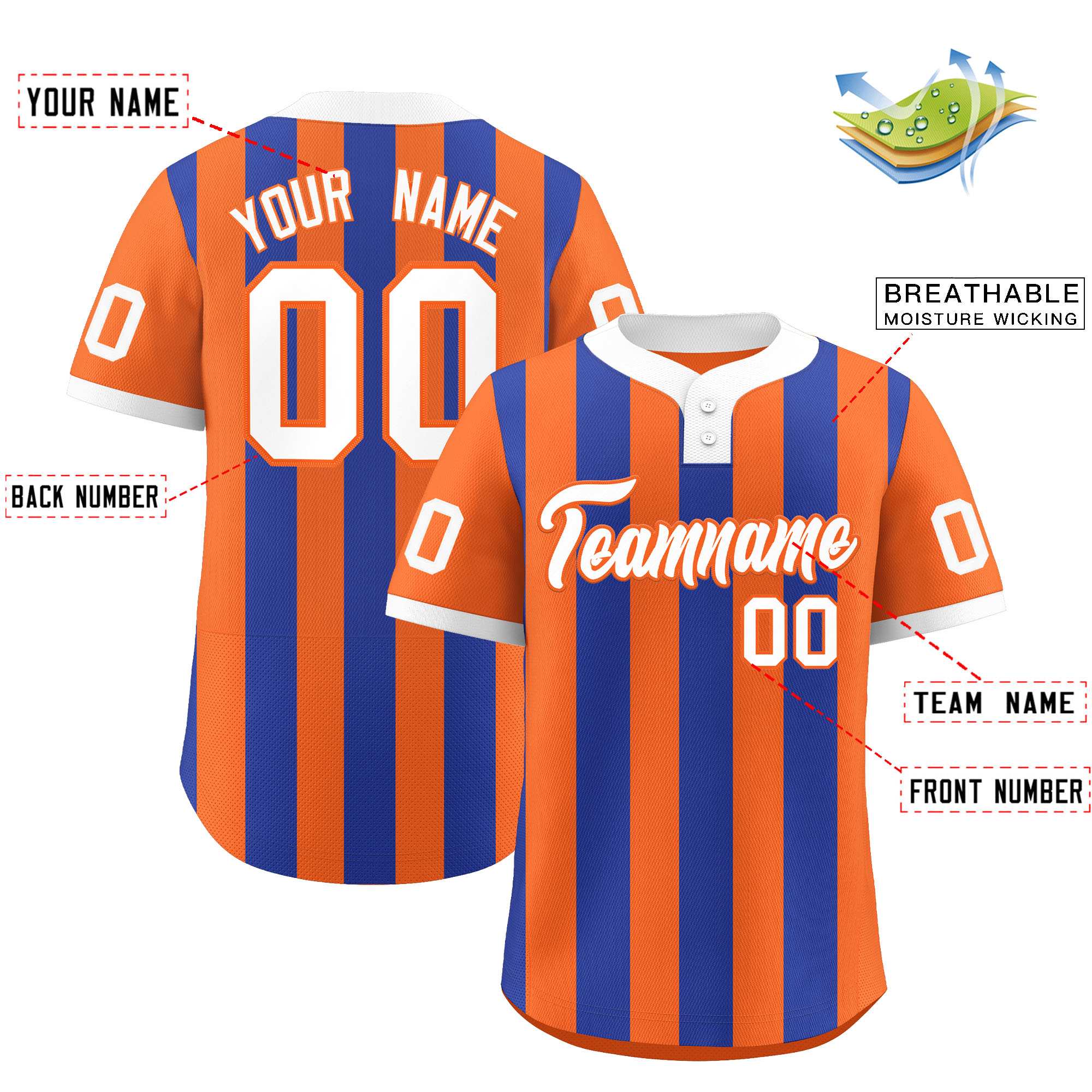 Custom Orange Royal Stripe Fashion Authentic Two-Button Baseball Jersey| KXKSHOP