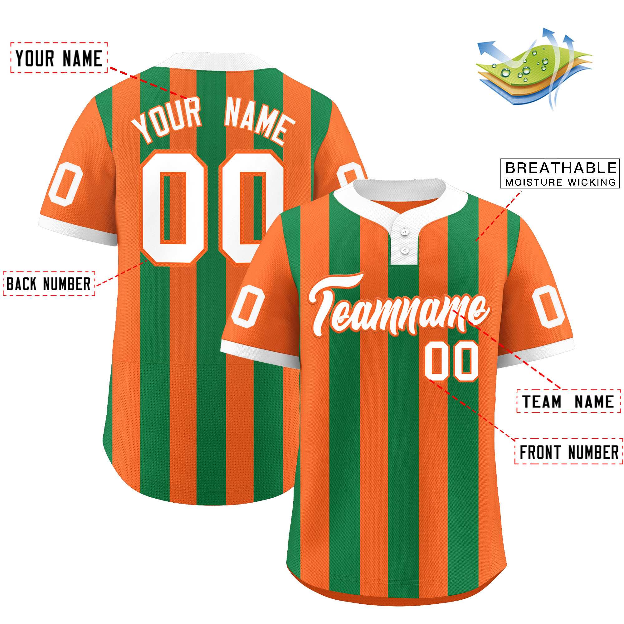 Custom Orange Kelly Green Stripe Fashion Authentic Two-Button Baseball Jersey| KXKSHOP