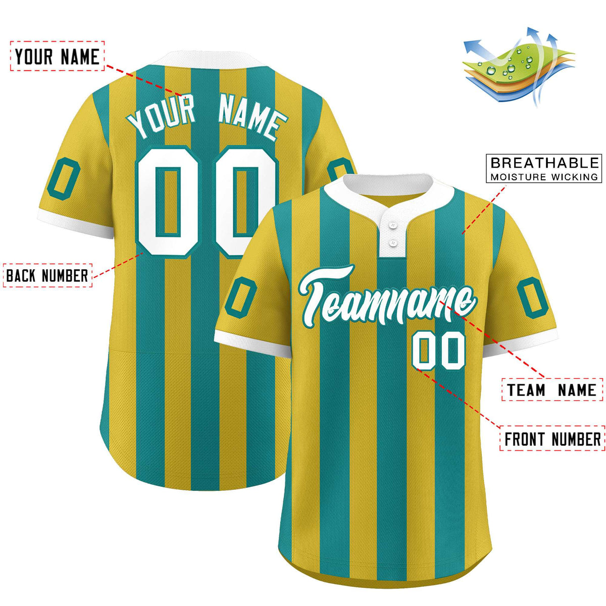 Custom Old Gold Aqua Stripe Fashion Authentic Two-Button Softball Jersey
