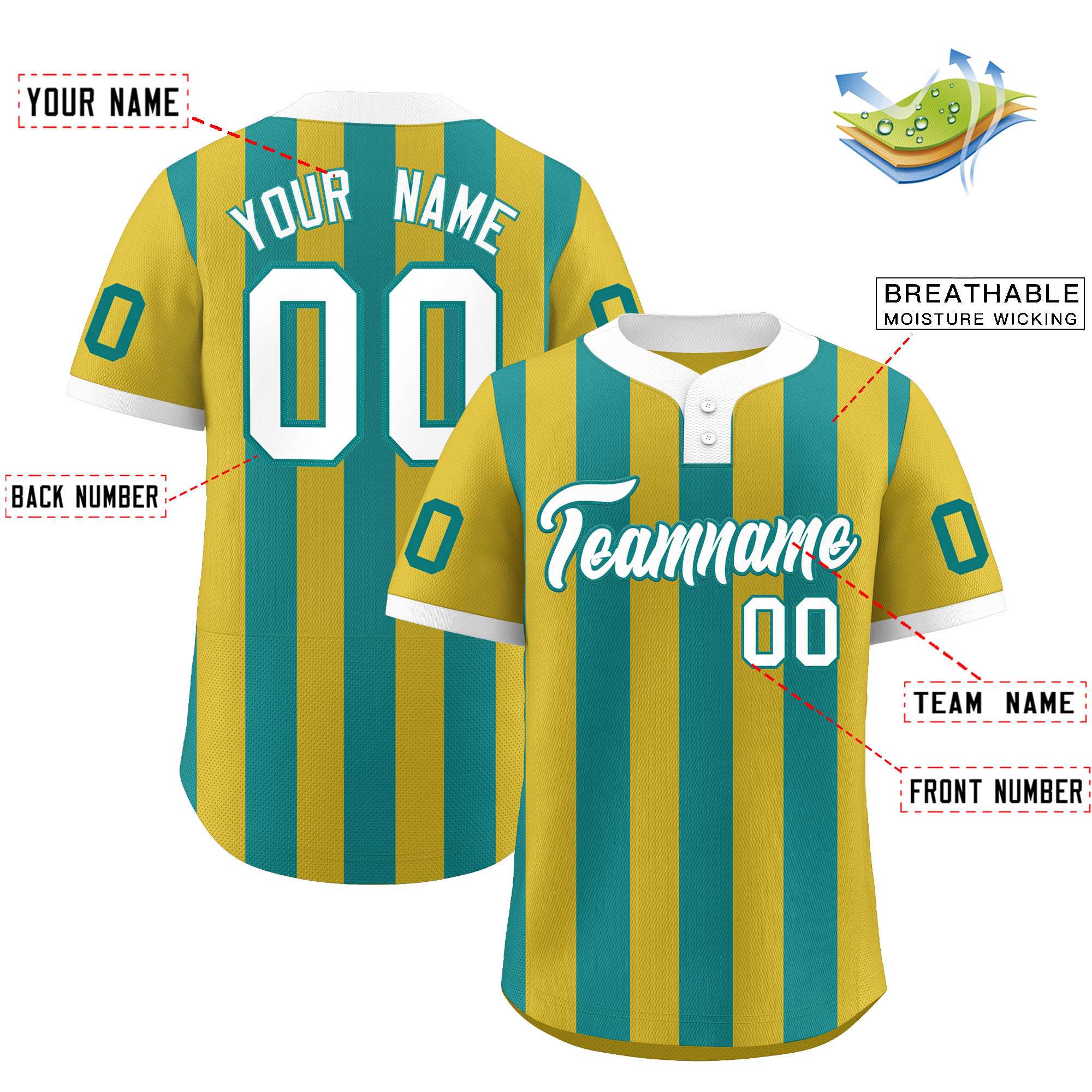 Custom Old Gold Aqua Stripe Fashion Authentic Two-Button Softball Jersey
