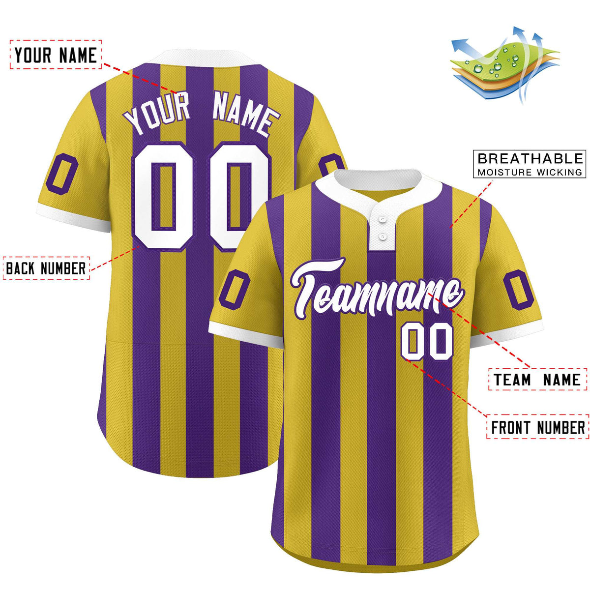 Custom Old Gold Purple Stripe Fashion Authentic Two-Button Softball Jersey