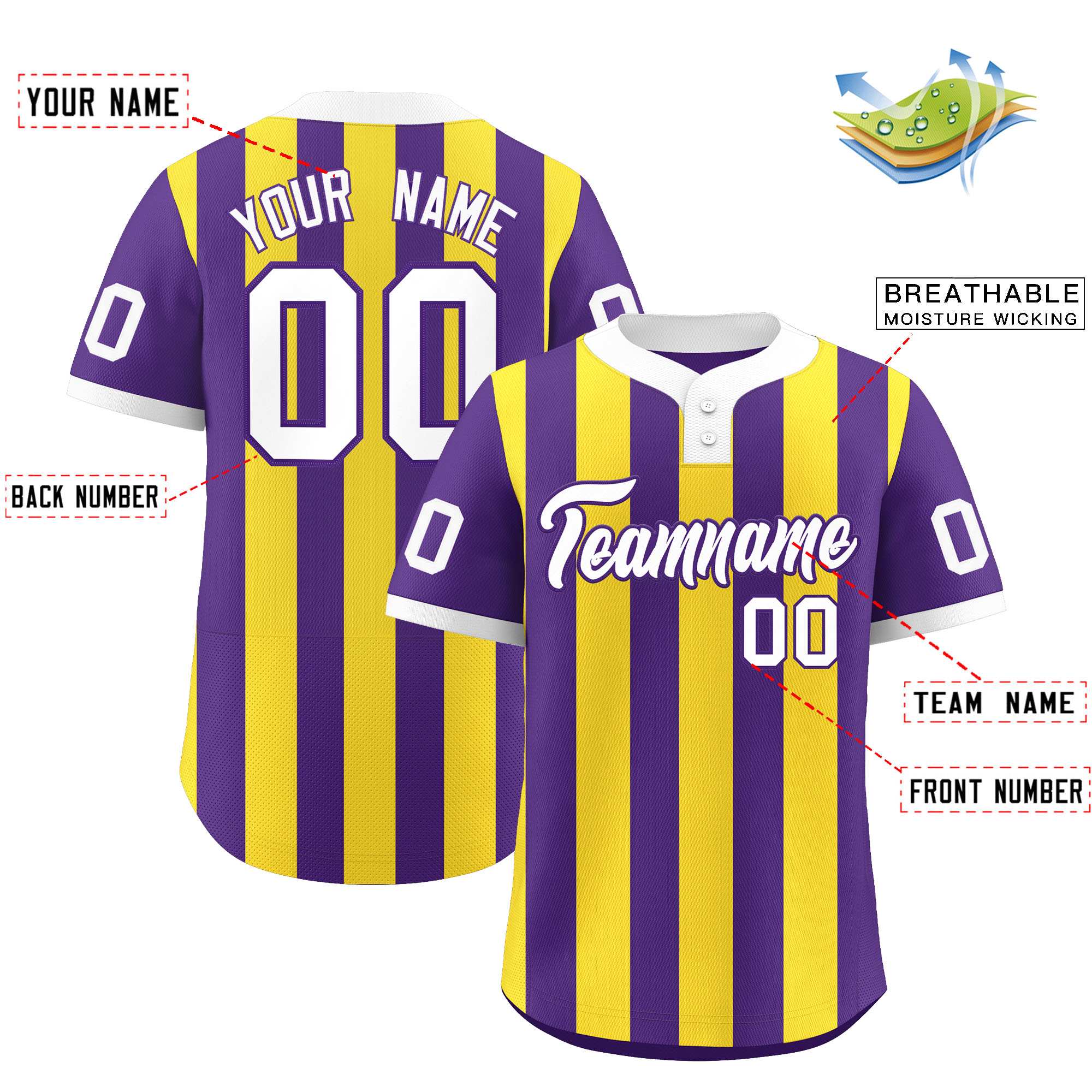 Custom Purple Gold Stripe Fashion Authentic Two-Button Baseball Jersey| KXKSHOP