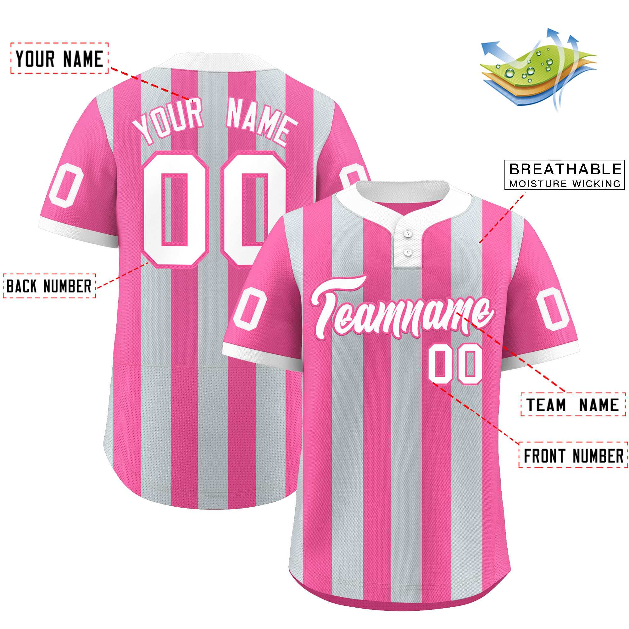 Custom Silver Pink Stripe Fashion Authentic Two-Button Baseball Jersey| KXKSHOP