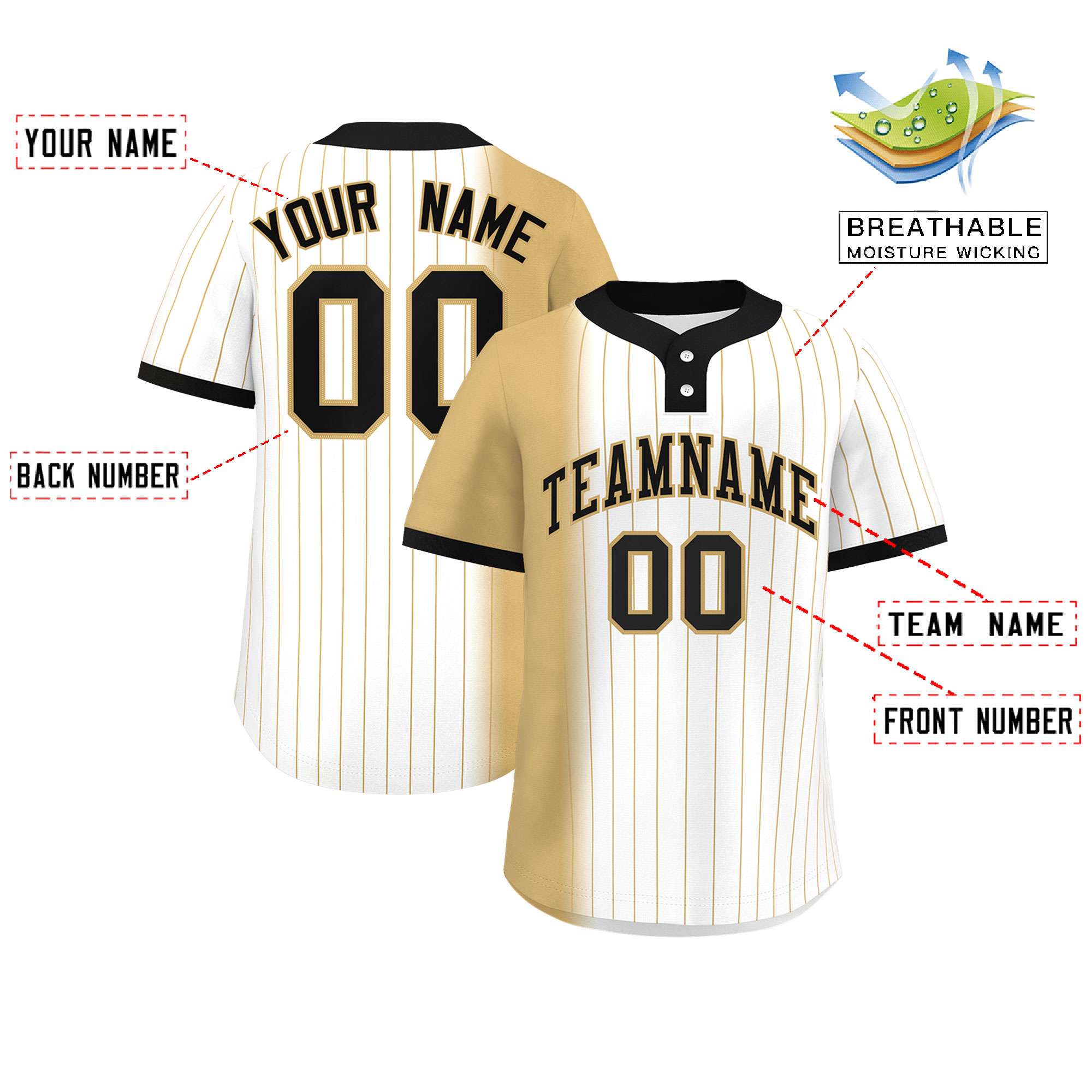 Custom Old Gold White-Black Gradient Stripe Fashion Authentic Two-Button Softball Jersey