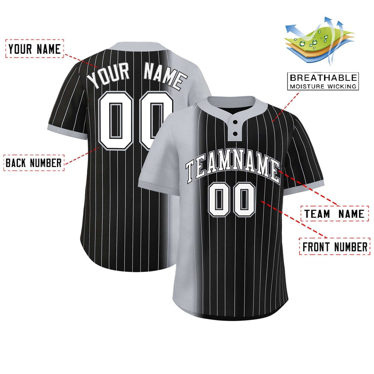 Custom Gray Black Gradient Stripe Fashion Authentic Two-Button Softball Jersey
