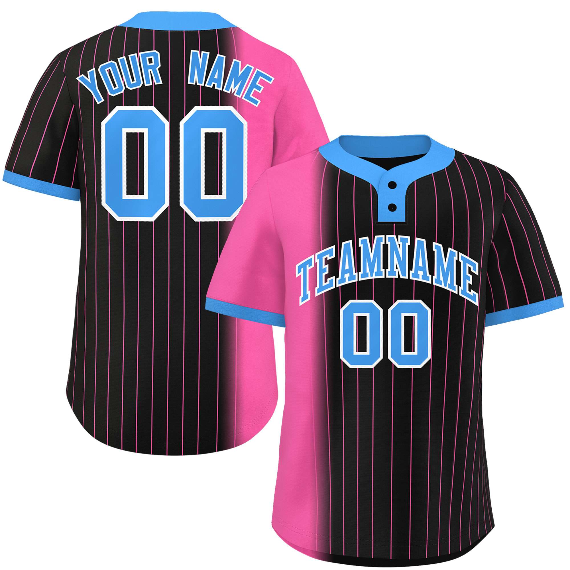 Custom Pink Black-Powder Blue Gradient Stripe Fashion Authentic Two-Button Softball Jersey