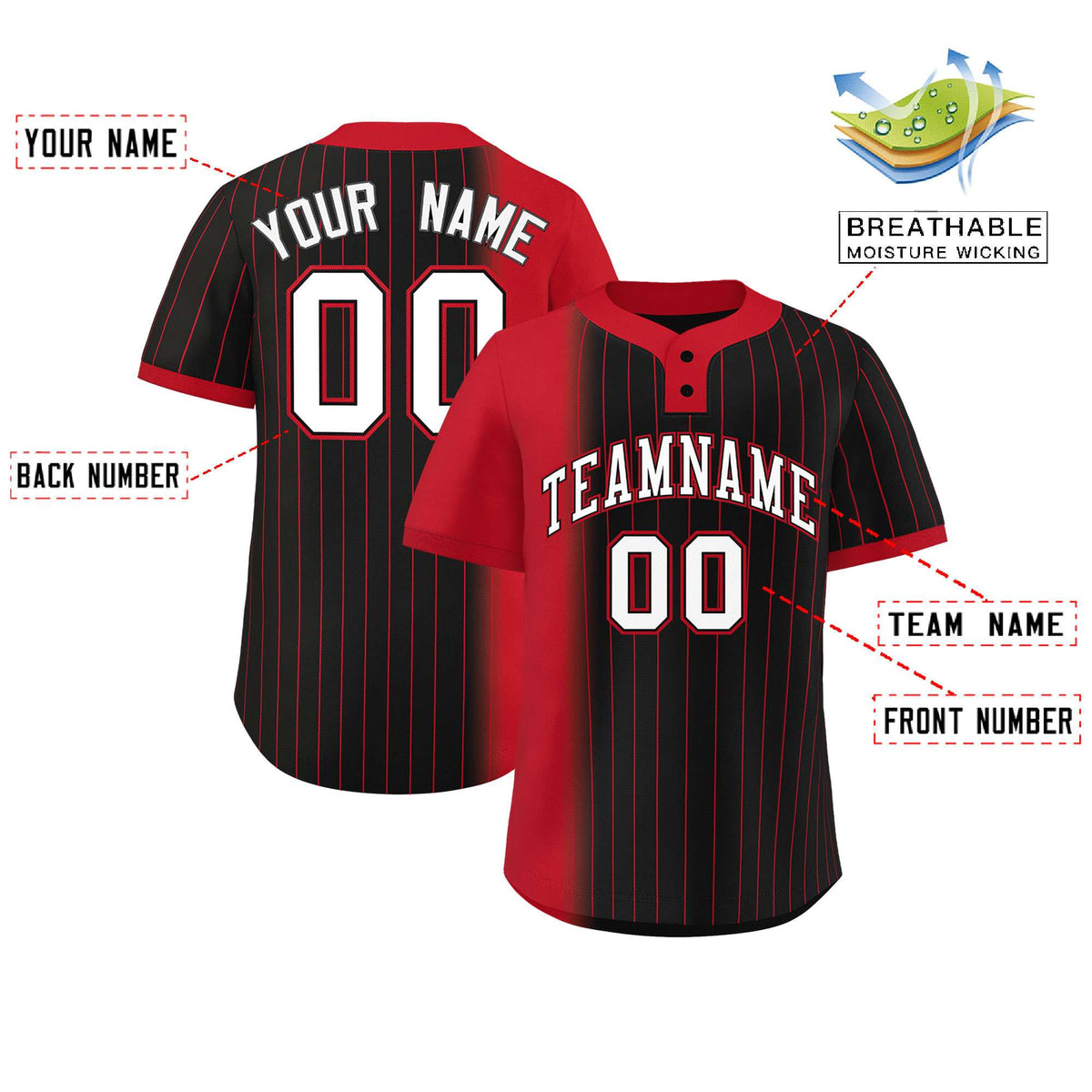 Custom Red Black Gradient Stripe Fashion Authentic Two-Button Softball Jersey