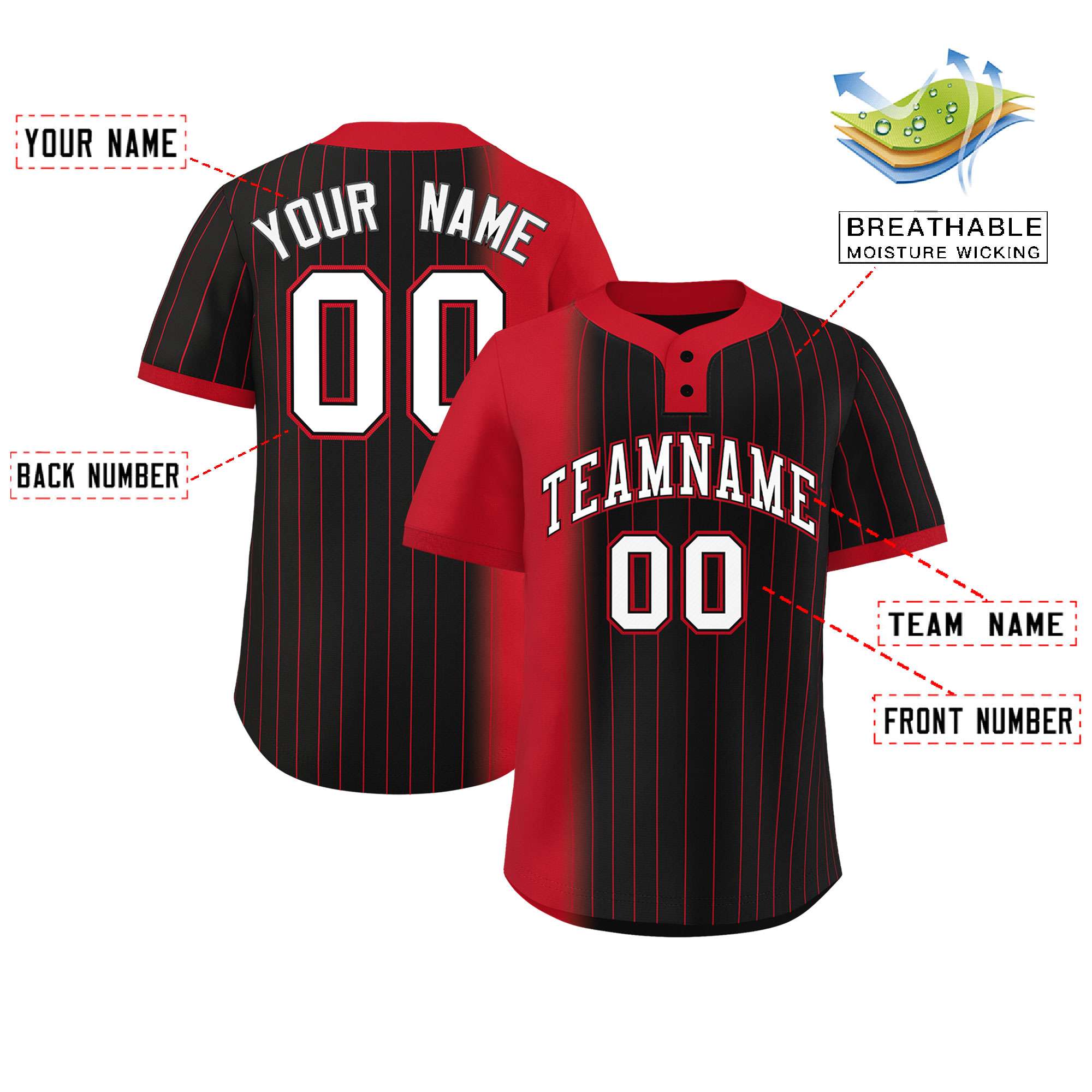 Custom Red Black Gradient Stripe Fashion Authentic Two-Button Softball Jersey