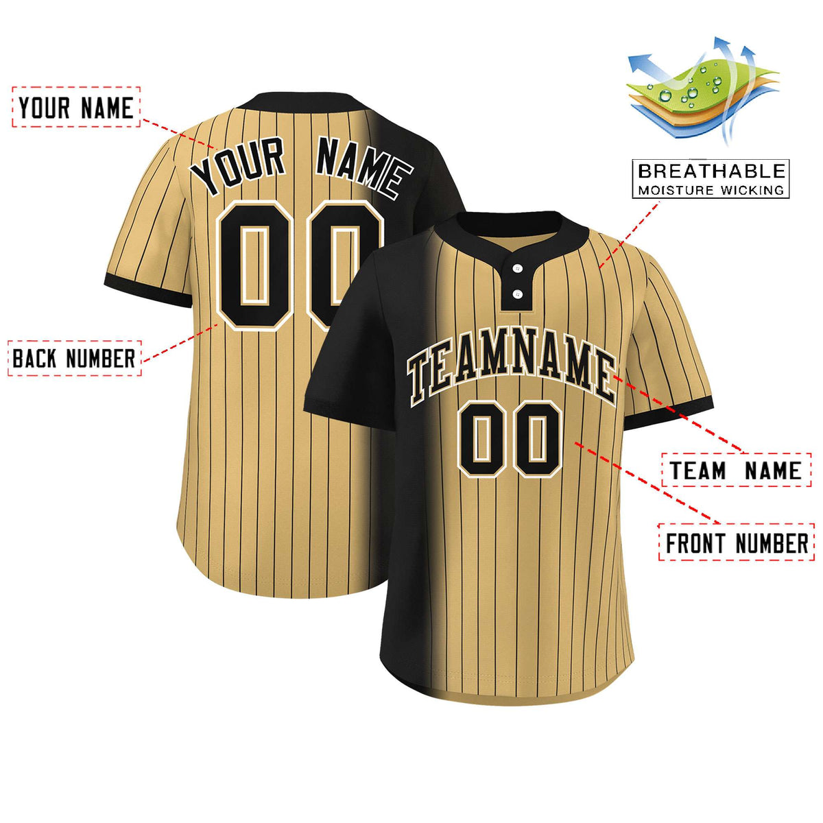 Custom Black Old Gold Gradient Stripe Fashion Authentic Two-Button Softball Jersey