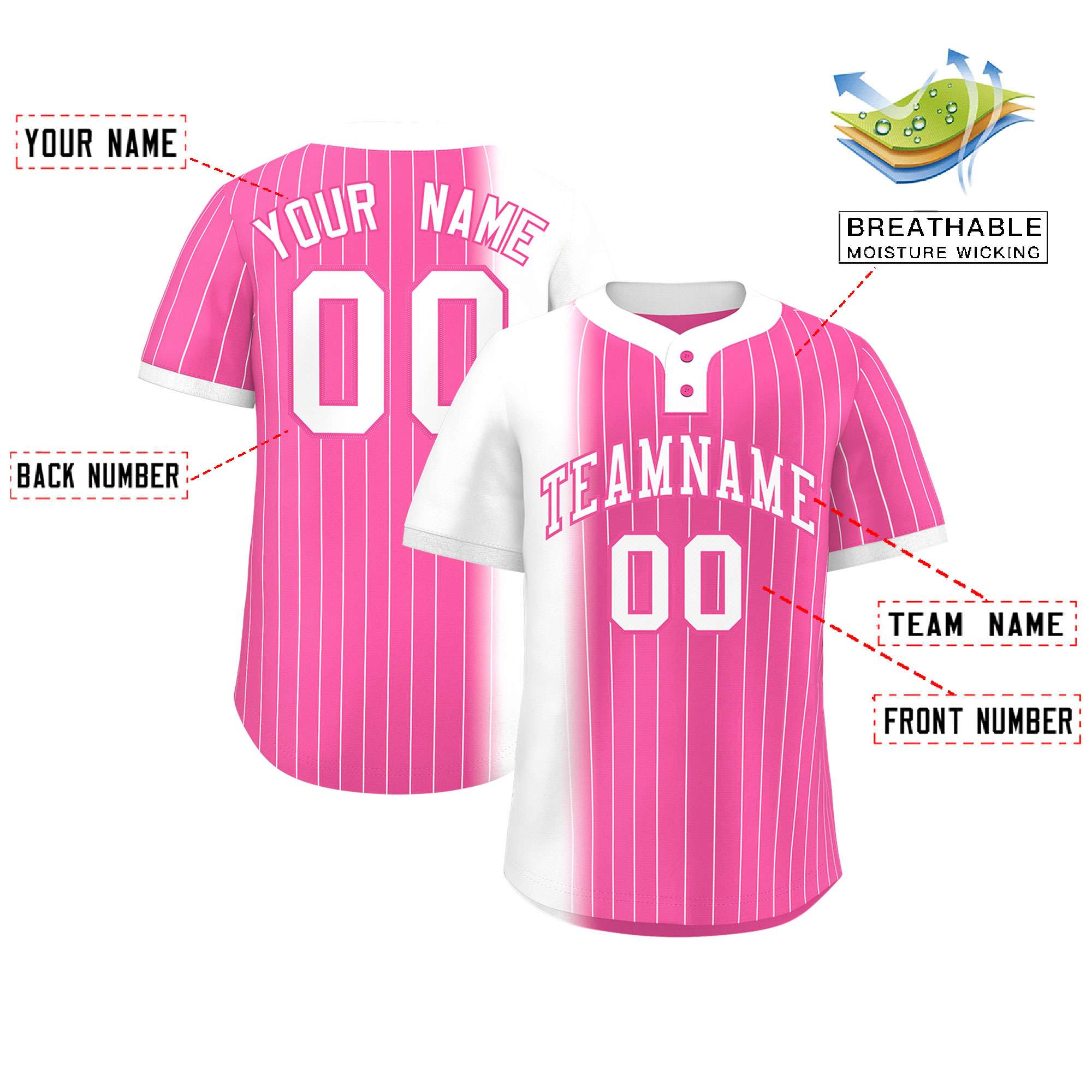 Custom White Pink Gradient Stripe Fashion Authentic Two-Button Softball Jersey