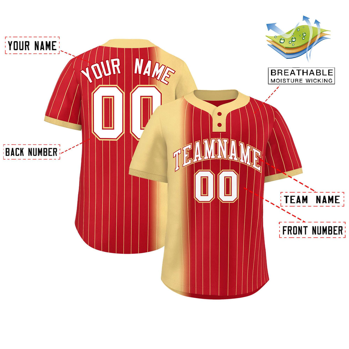 Custom Khaki Red Gradient Stripe Fashion Authentic Two-Button Softball Jersey