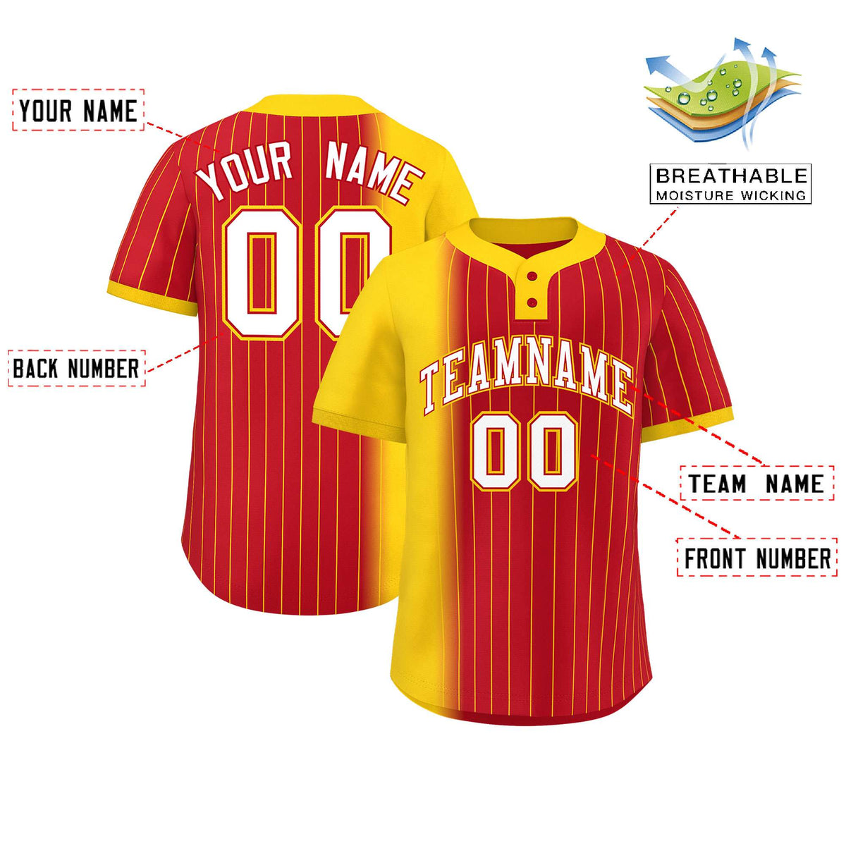 Custom Gold Red Gradient Stripe Fashion Authentic Two-Button Softball Jersey