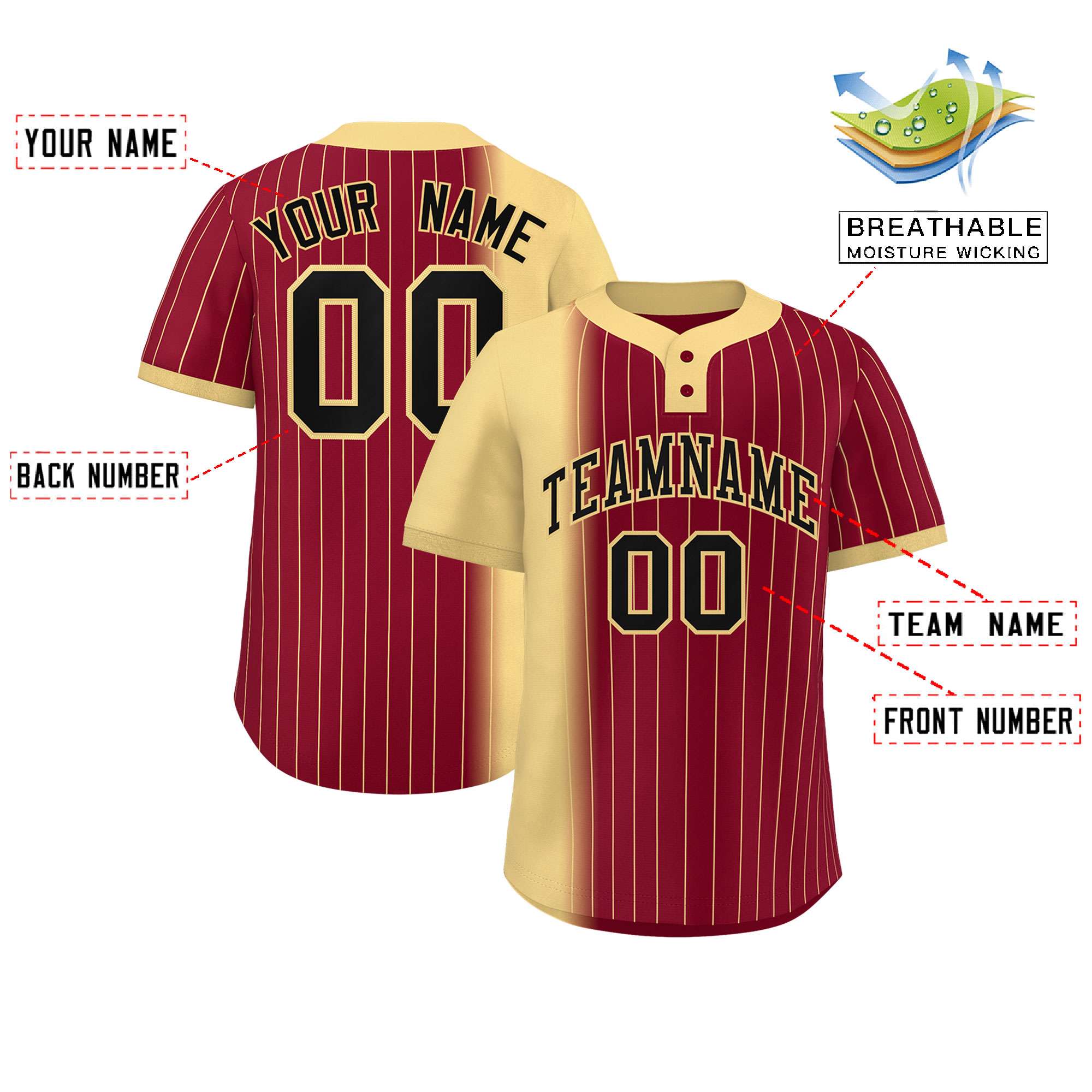 Custom Khaki Crimson Gradient Stripe Fashion Authentic Two-Button Softball Jersey