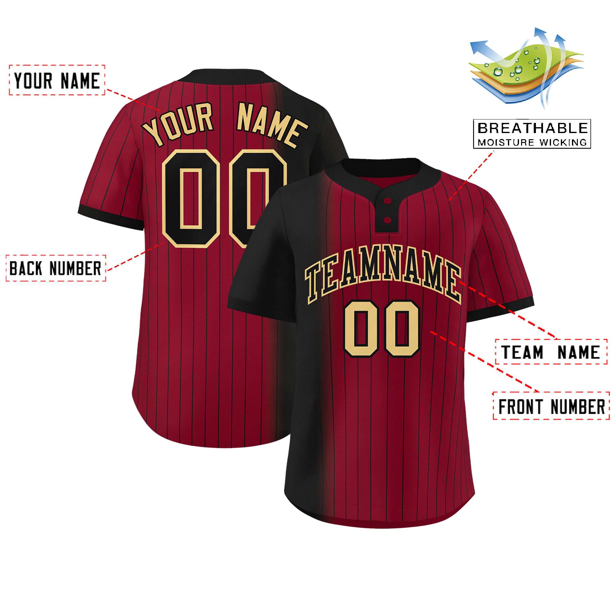 Custom Black Crimson Gradient Stripe Fashion Authentic Two-Button Softball Jersey