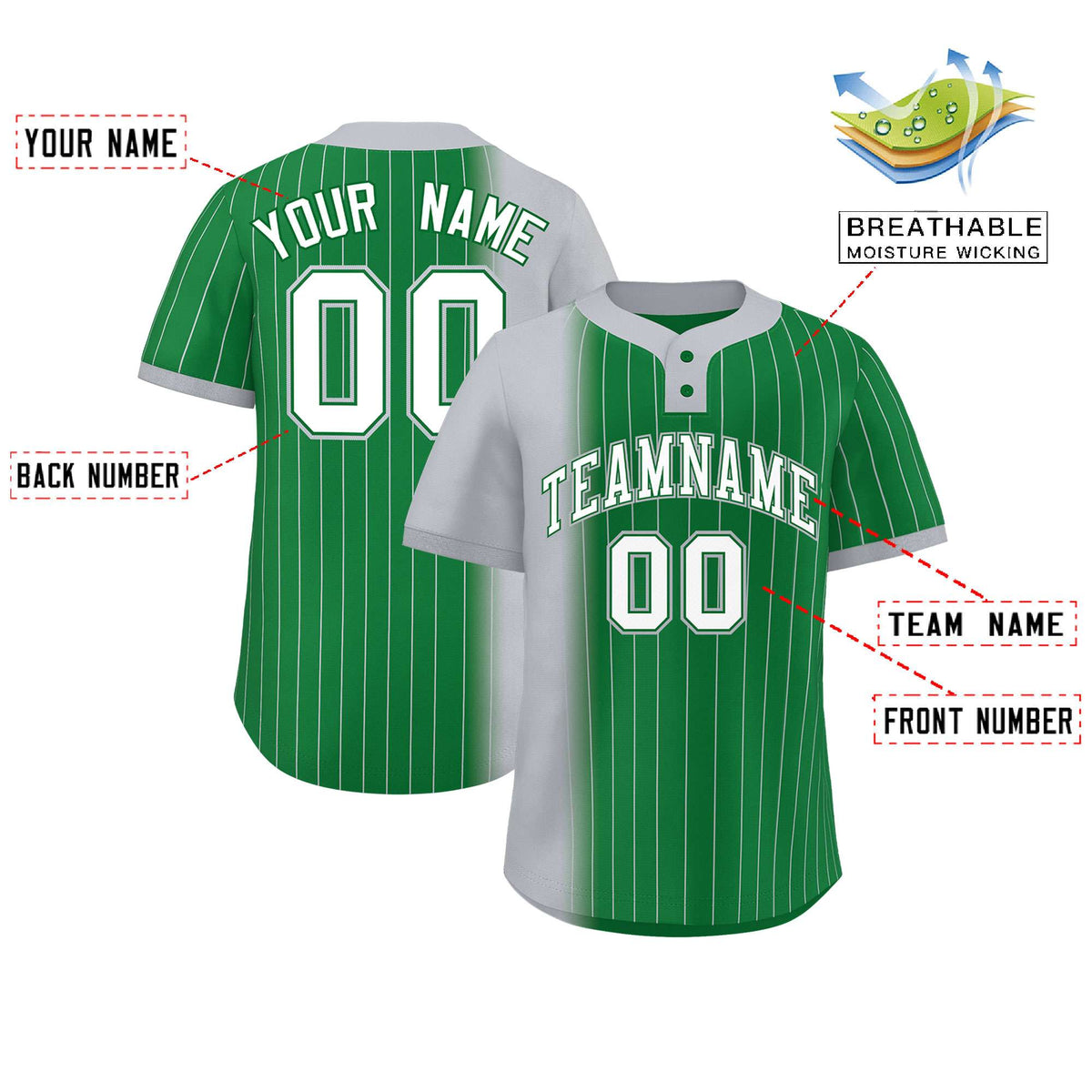Custom Gray Kelly Green Gradient Stripe Fashion Authentic Two-Button Softball Jersey