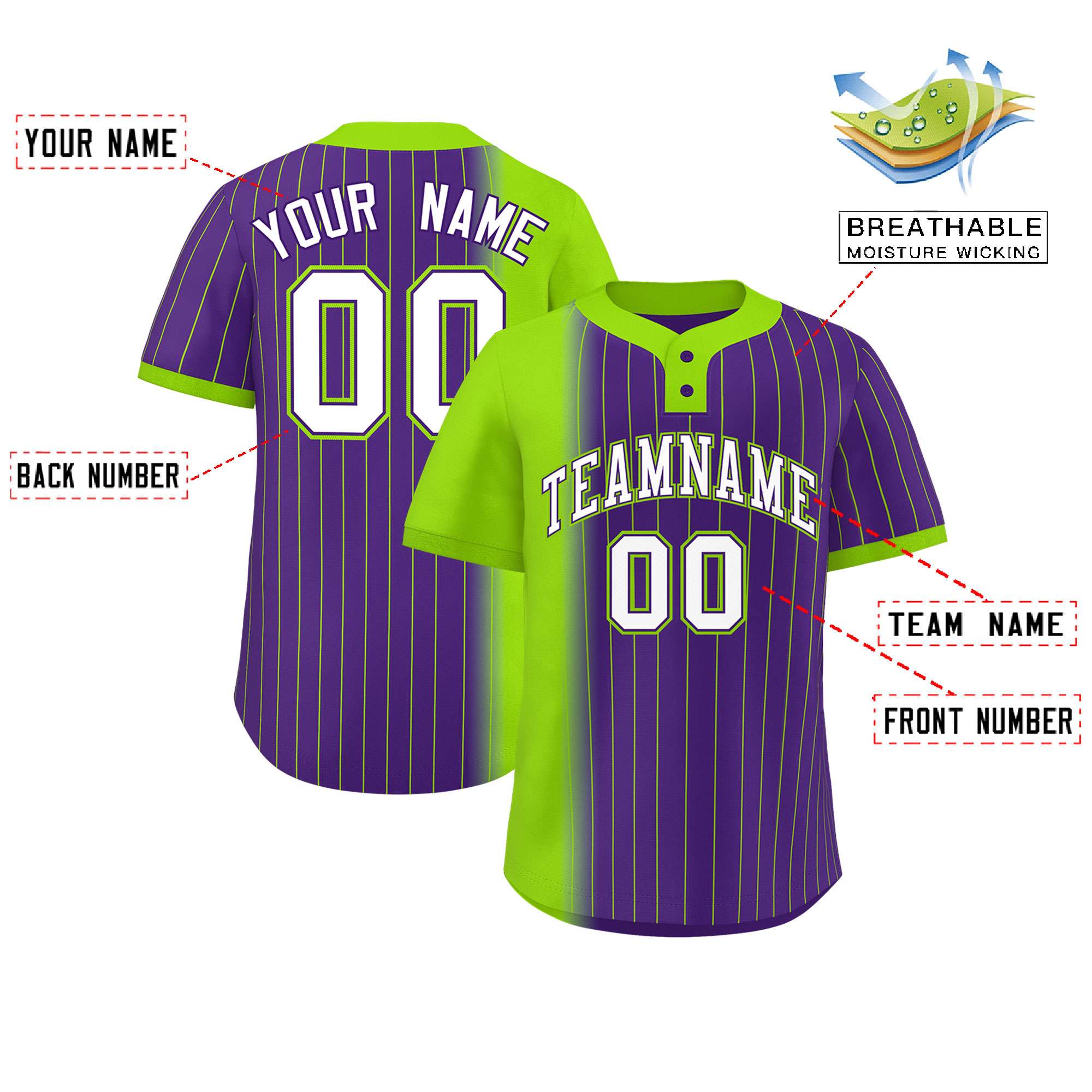 Custom Neon Green Purple Gradient Stripe Fashion Authentic Two-Button Softball Jersey