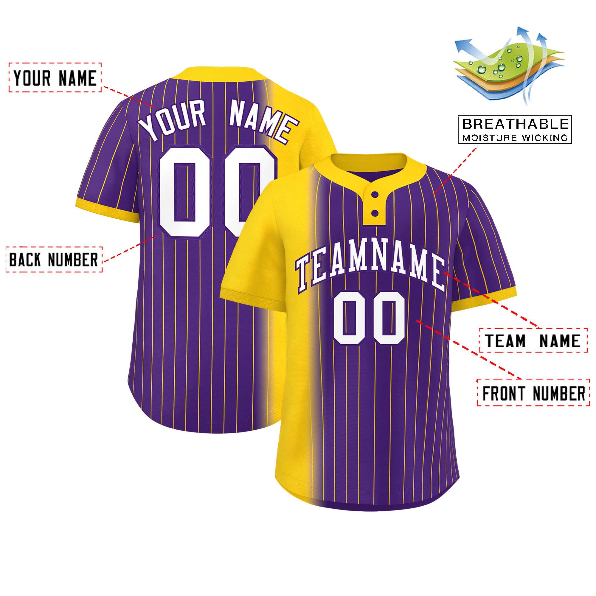 Custom Gold Purple Gradient Stripe Fashion Authentic Two-Button Softball Jersey