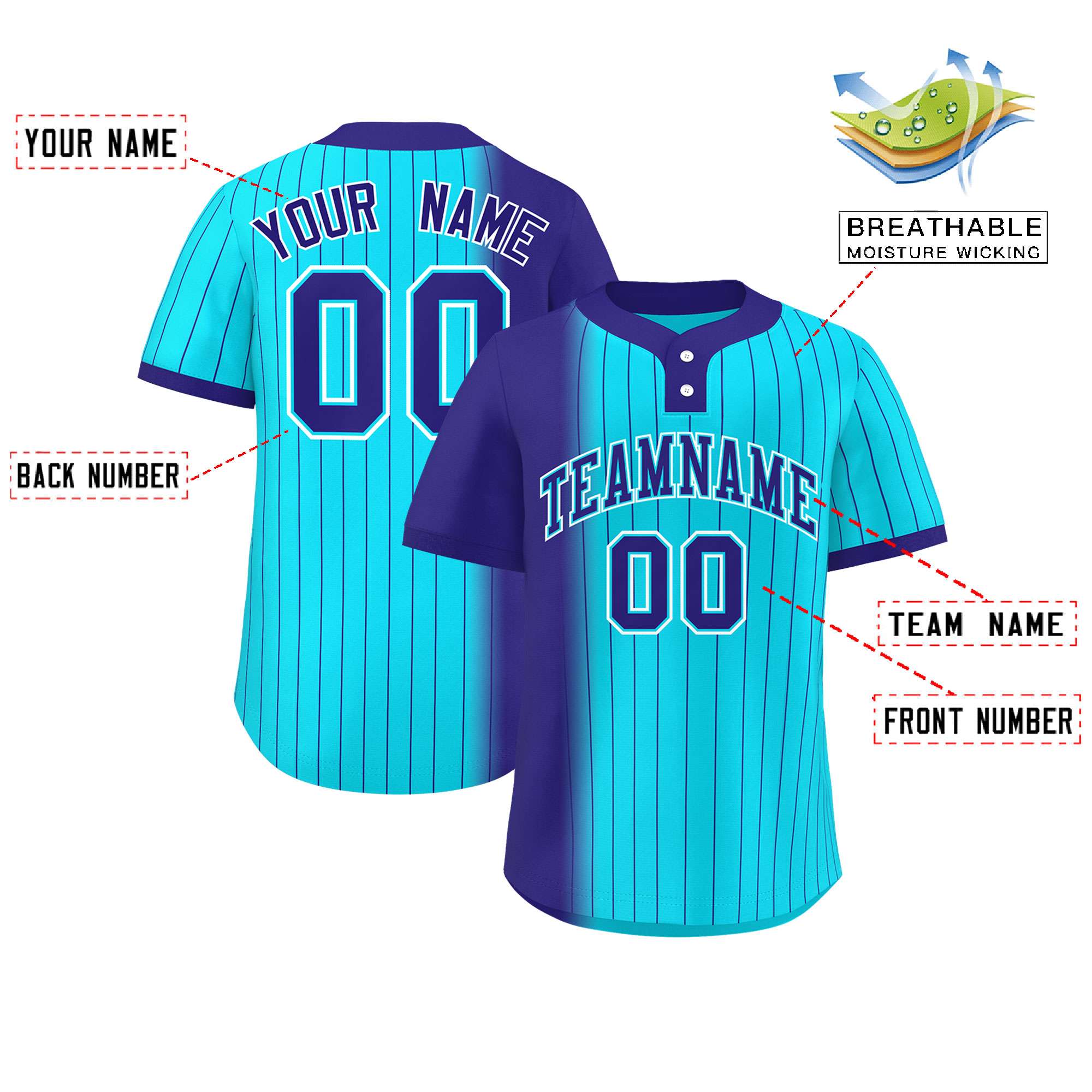 Custom Violet Sky Blue Gradient Stripe Fashion Authentic Two-Button Softball Jersey