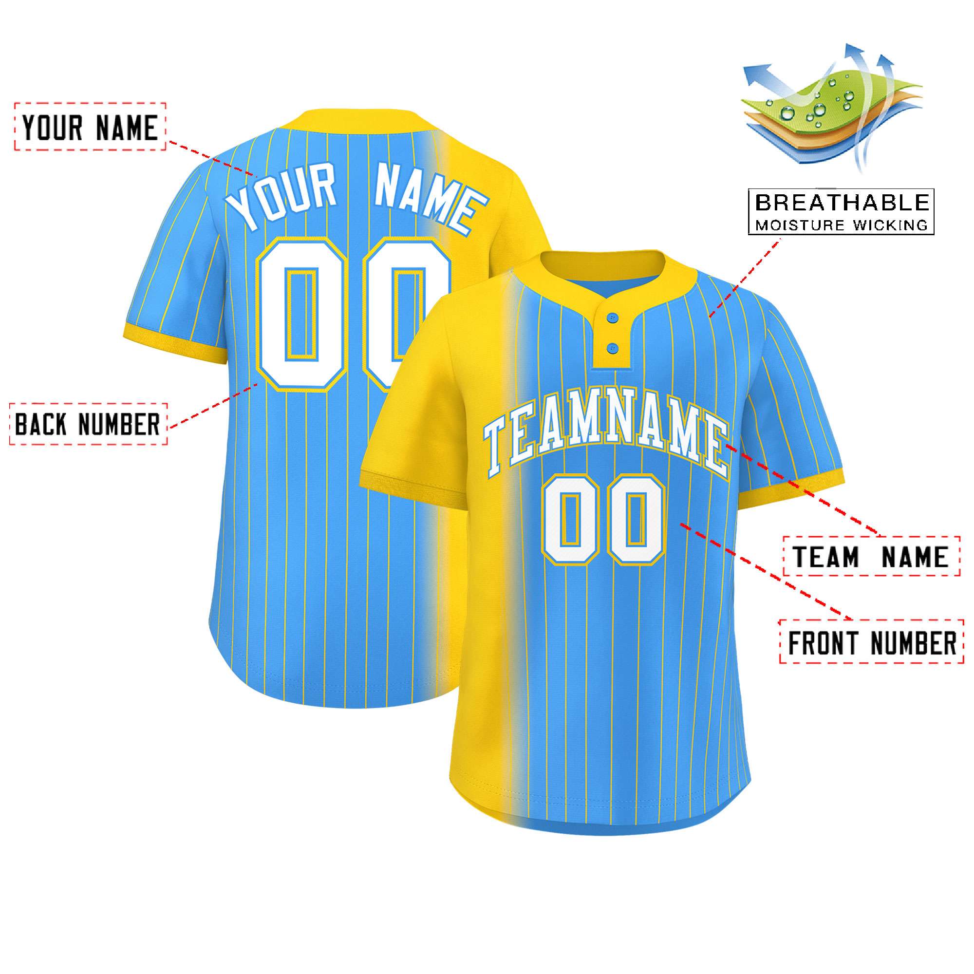 Custom Gold Powder Blue Gradient Stripe Fashion Authentic Two-Button Softball Jersey