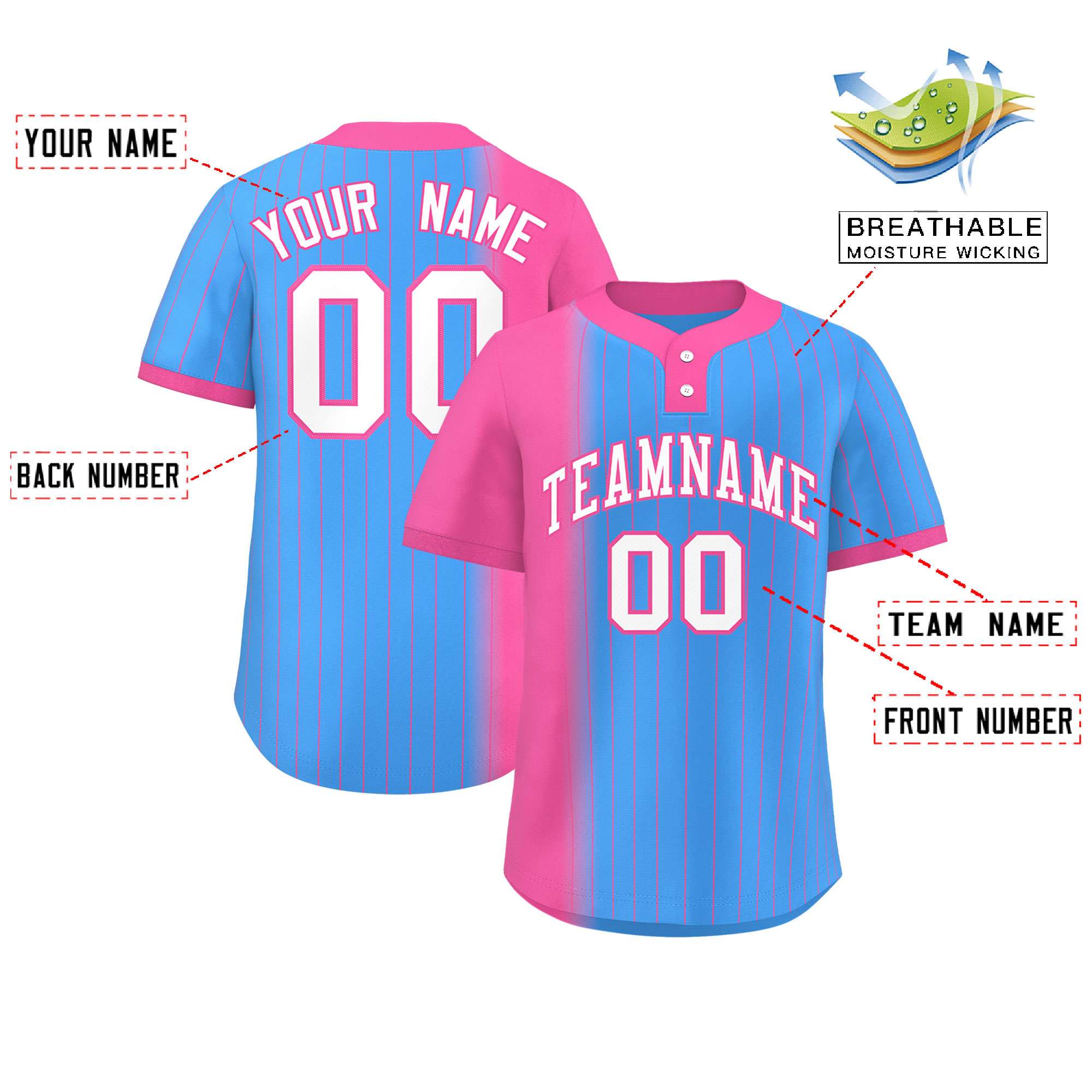 Custom Pink Powder Blue Gradient Stripe Fashion Authentic Two-Button Softball Jersey