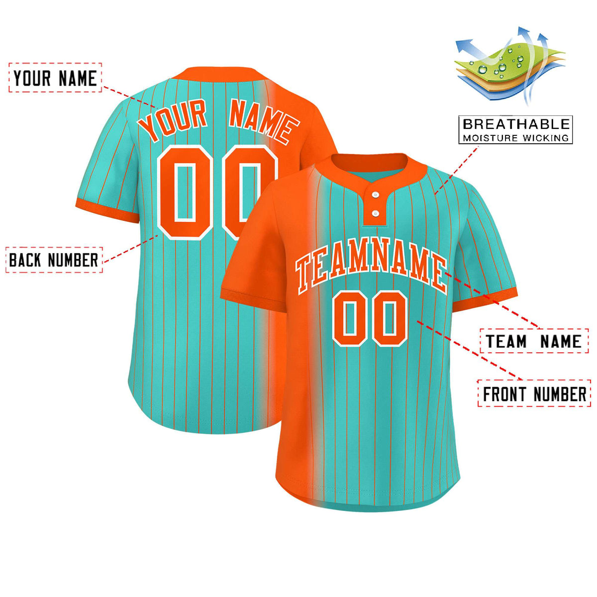 Custom Orange Aqua Gradient Stripe Fashion Authentic Two-Button Softball Jersey