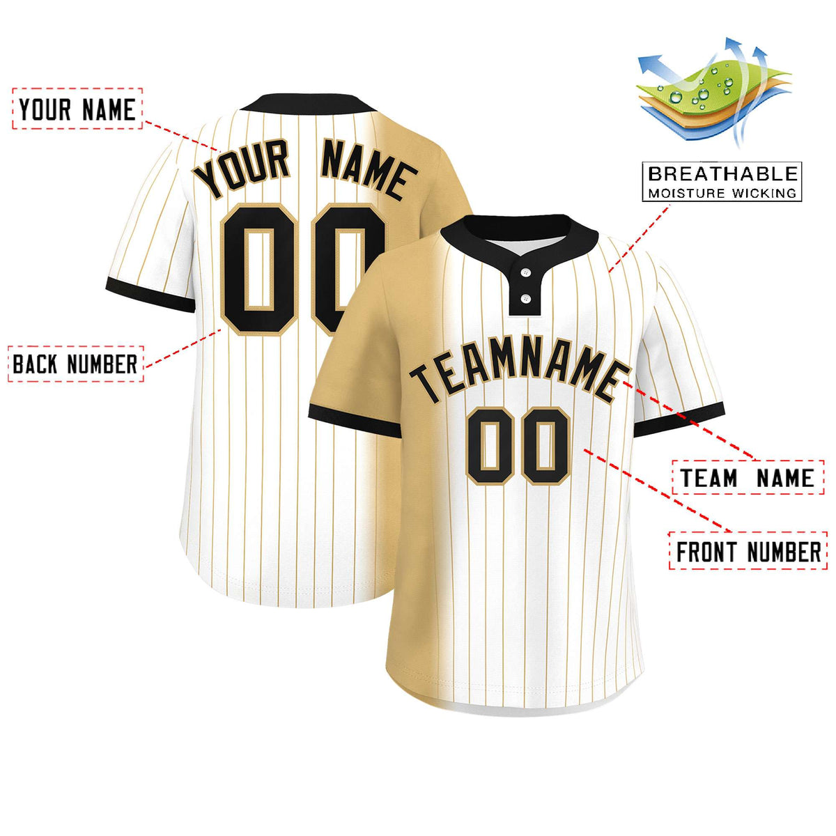 Custom Old Gold White-Black Gradient Stripe Fashion Authentic Two-Button Softball Jersey