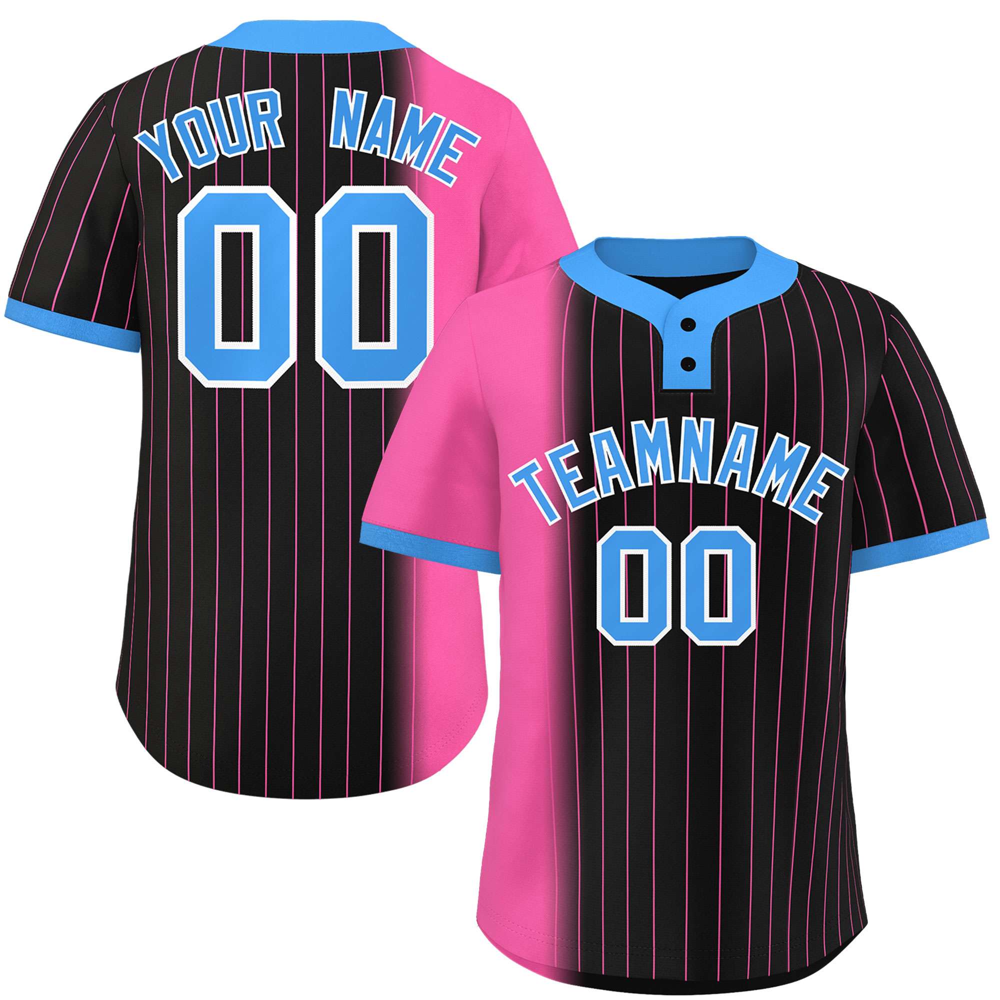 Custom Pink Black-Powder Blue Gradient Stripe Fashion Authentic Two-Button Softball Jersey