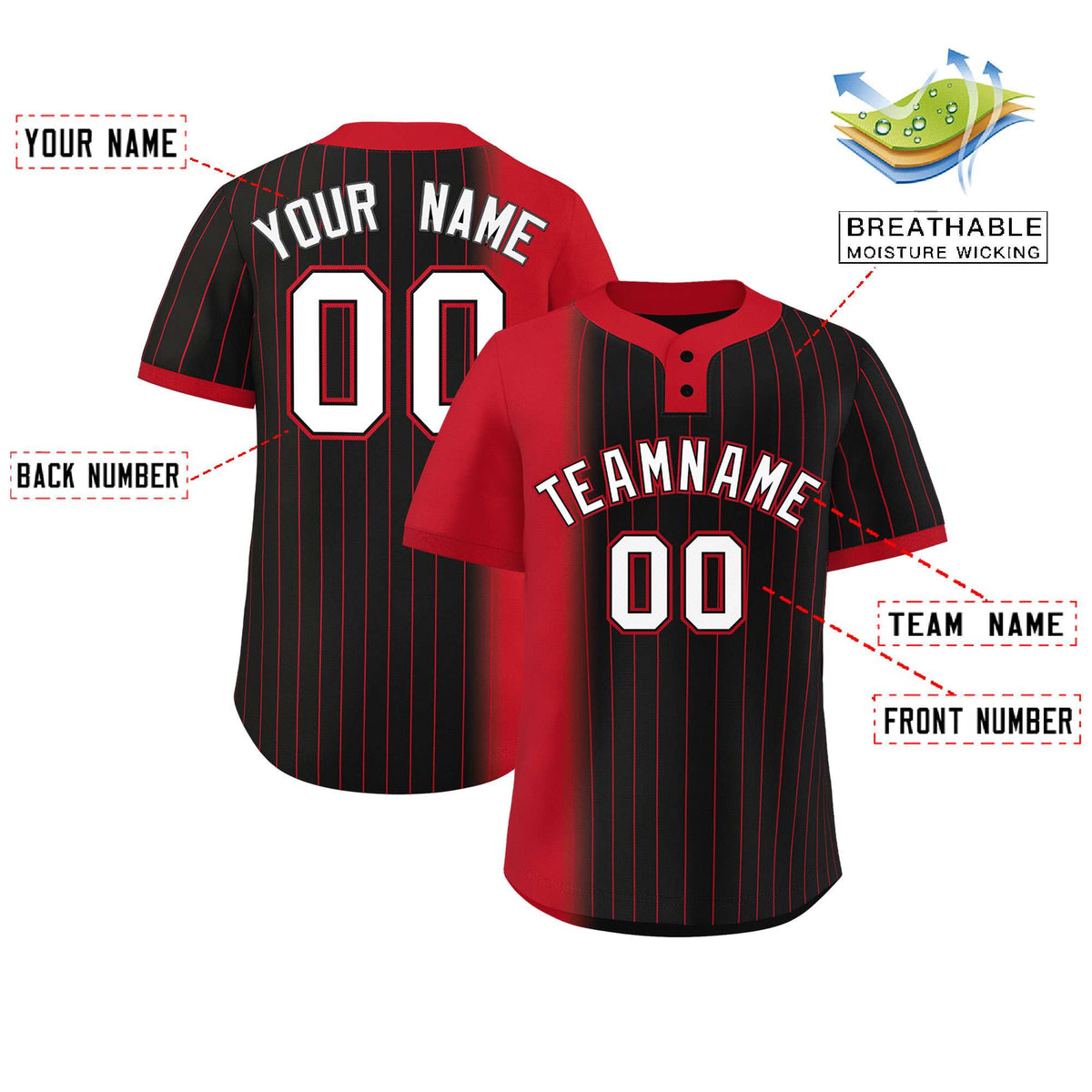 Custom Red Black Gradient Stripe Fashion Authentic Two-Button Softball Jersey