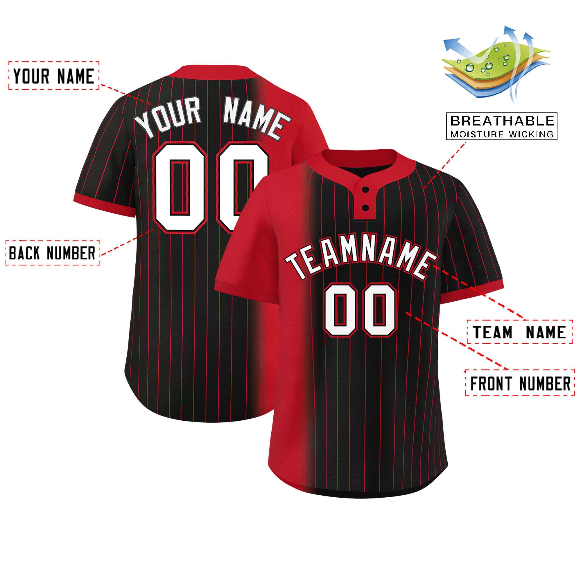 Custom Red Black Gradient Stripe Fashion Authentic Two-Button Softball Jersey