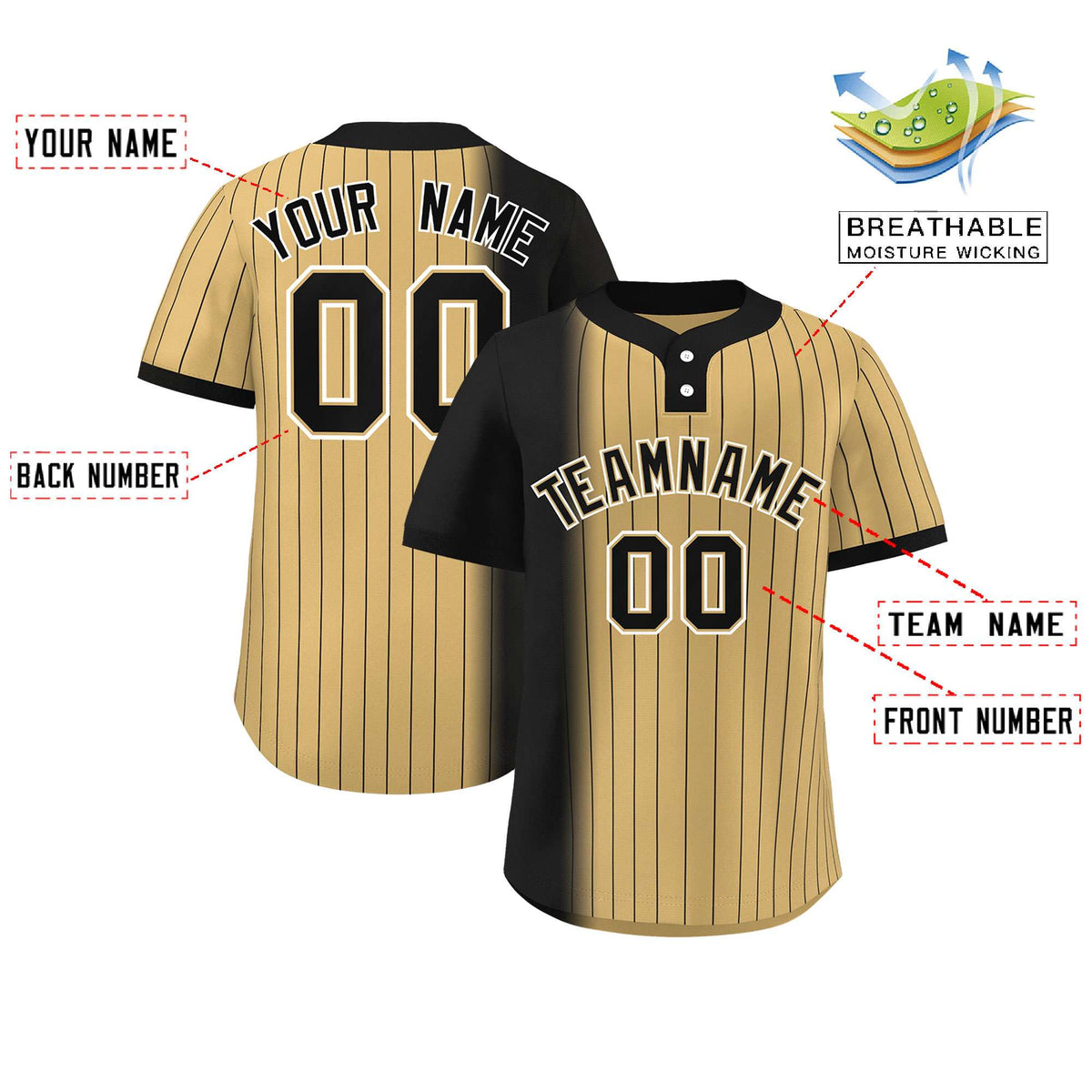 Custom Black Old Gold Gradient Stripe Fashion Authentic Two-Button Softball Jersey