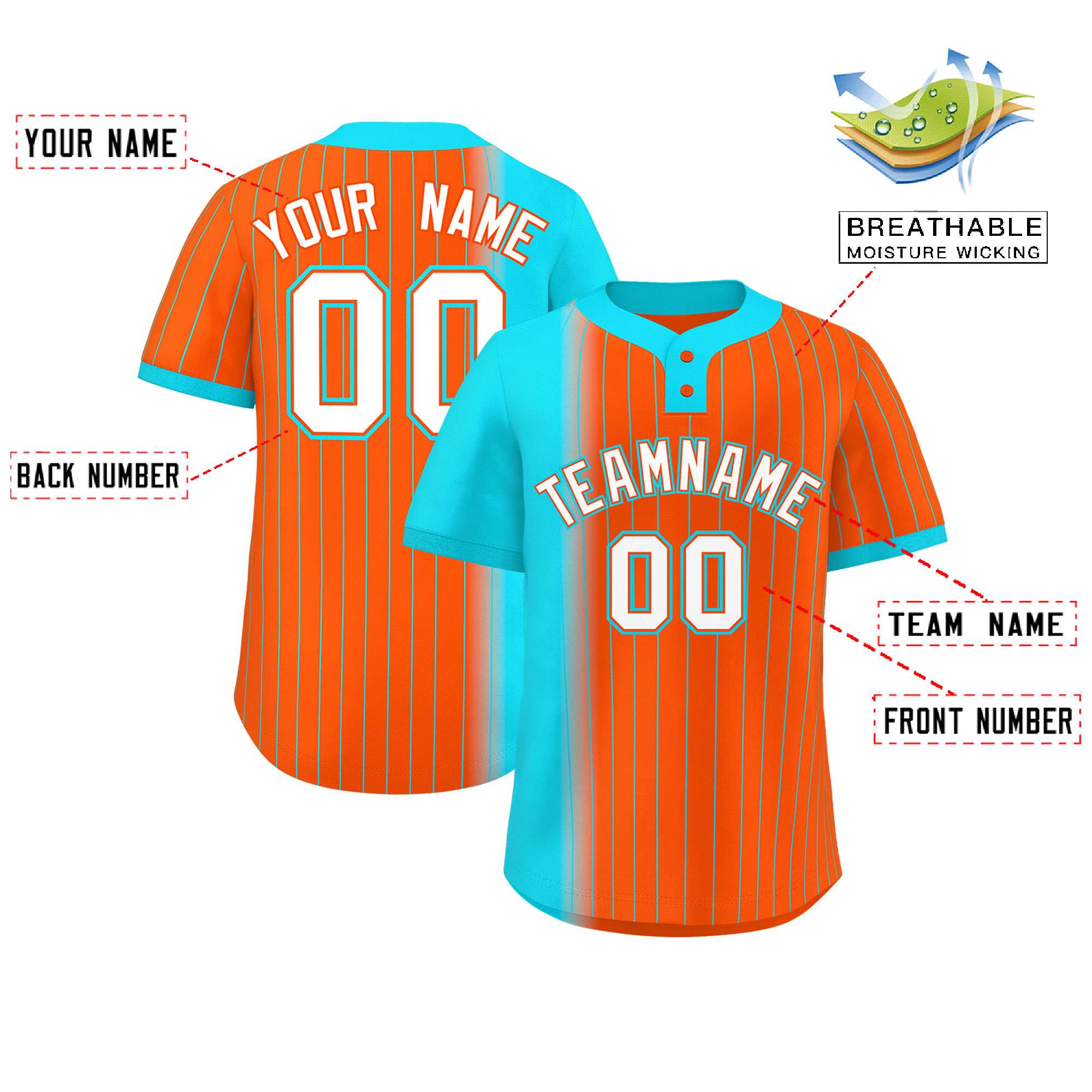Custom Sky Blue Orange Gradient Stripe Fashion Authentic Two-Button Softball Jersey