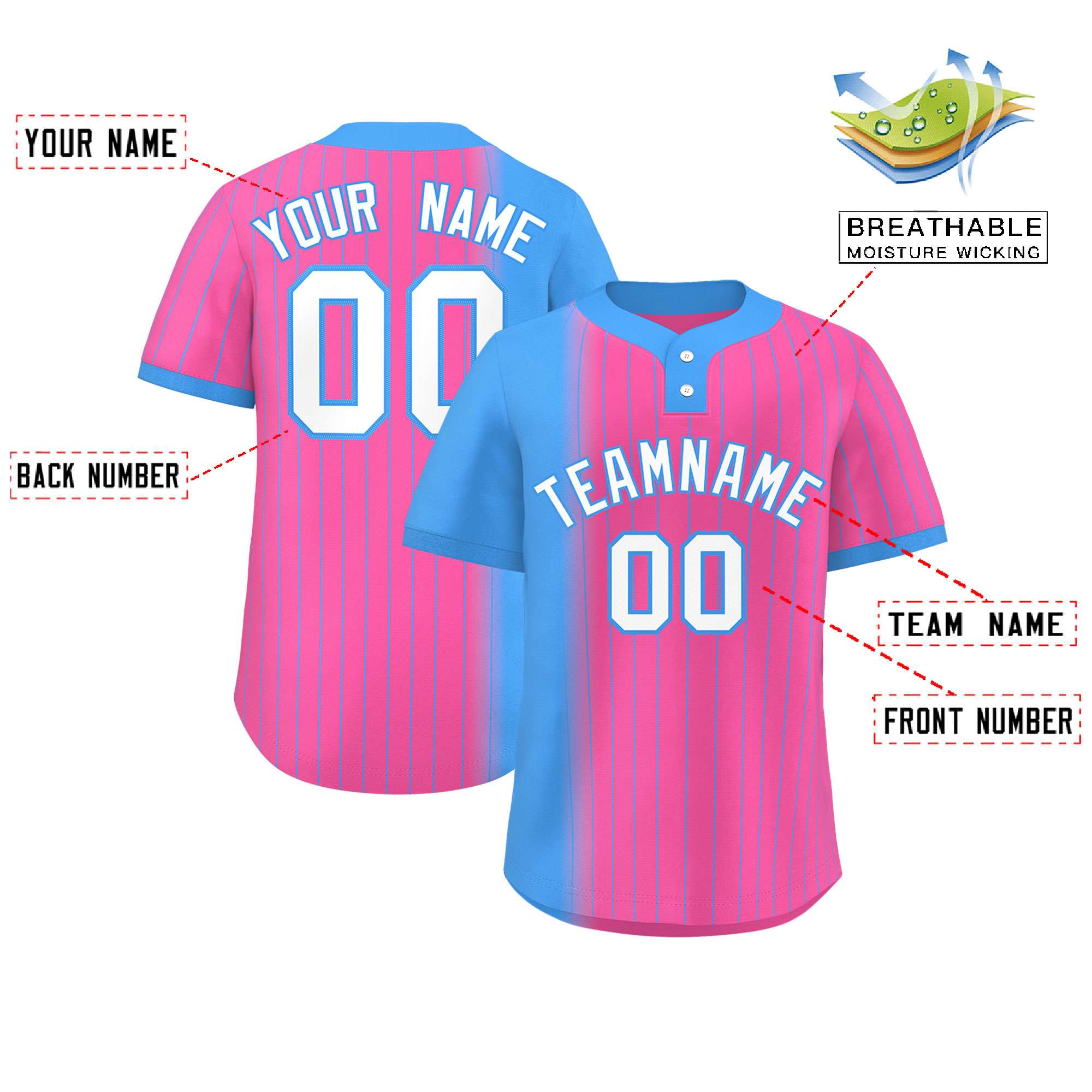 Custom Powder Blue Pink Gradient Stripe Fashion Authentic Two-Button Softball Jersey