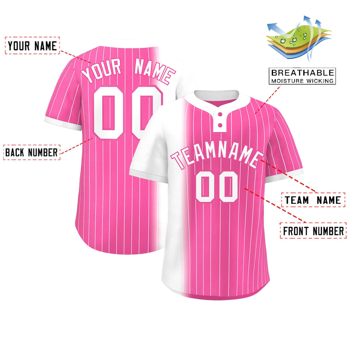 Custom White Pink Gradient Stripe Fashion Authentic Two-Button Softball Jersey