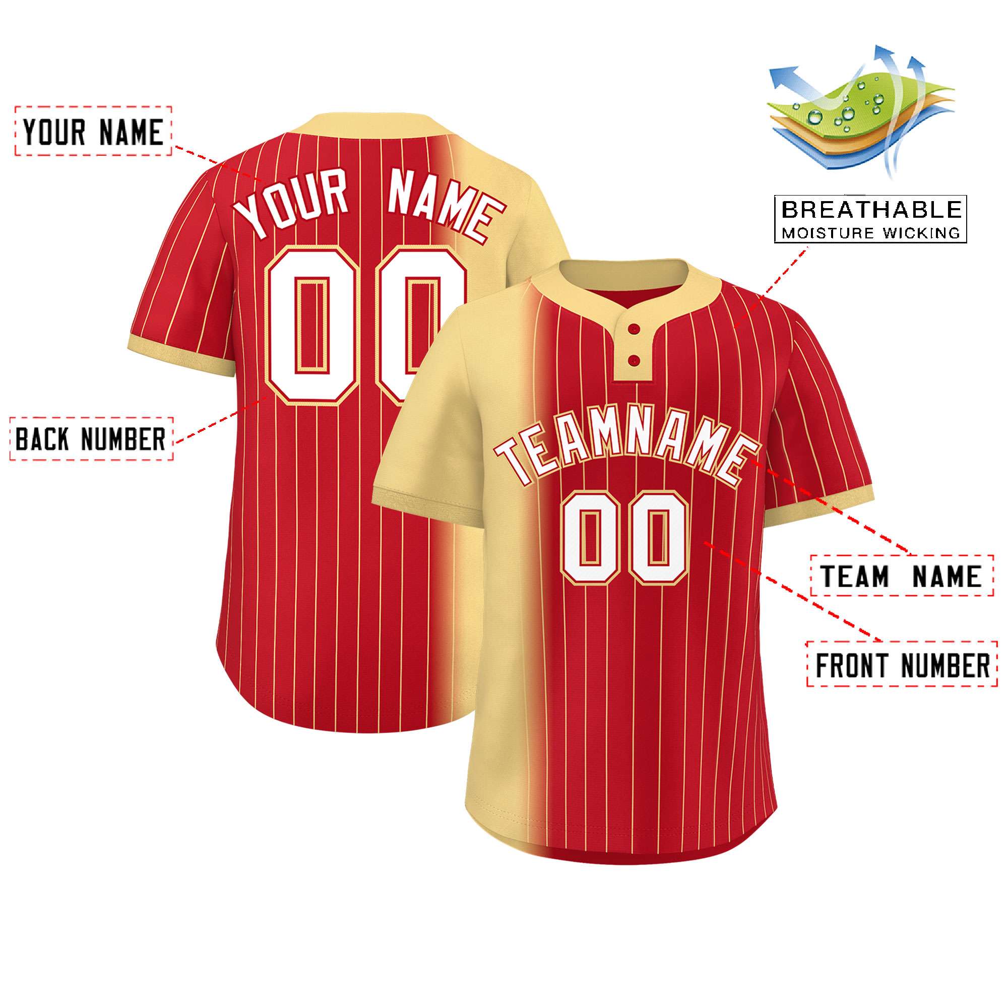 Custom Khaki Red Gradient Stripe Fashion Authentic Two-Button Softball Jersey